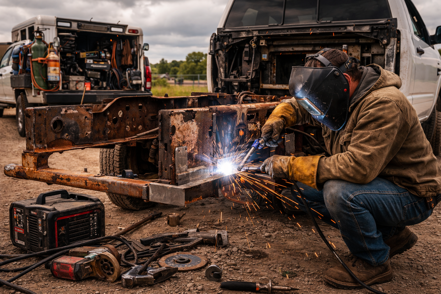 Man welding a rusty metal frame outdoors with sparks flying. Equipment and tools are on the ground, and trucks with open compartments are in the background.