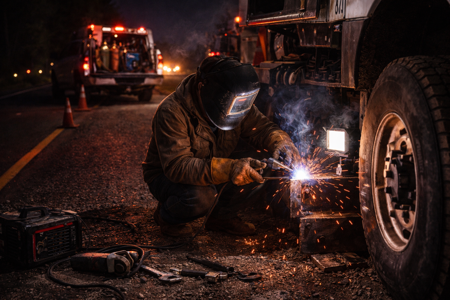 A welder working on a large truck tire at night, sparks flying as they weld. Safety gear includes a helmet and gloves. A utility vehicle and cones are visible in the background.
