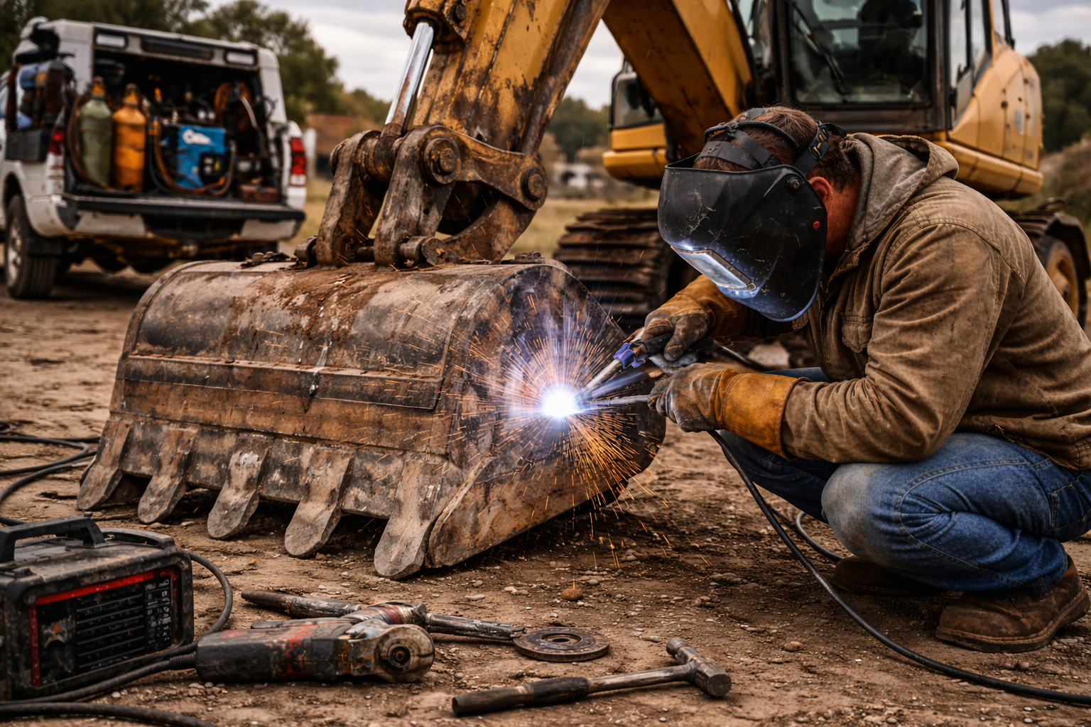 A worker in protective gear welding a large, rusty excavator bucket at a construction site with construction equipment and a truck in the background.
