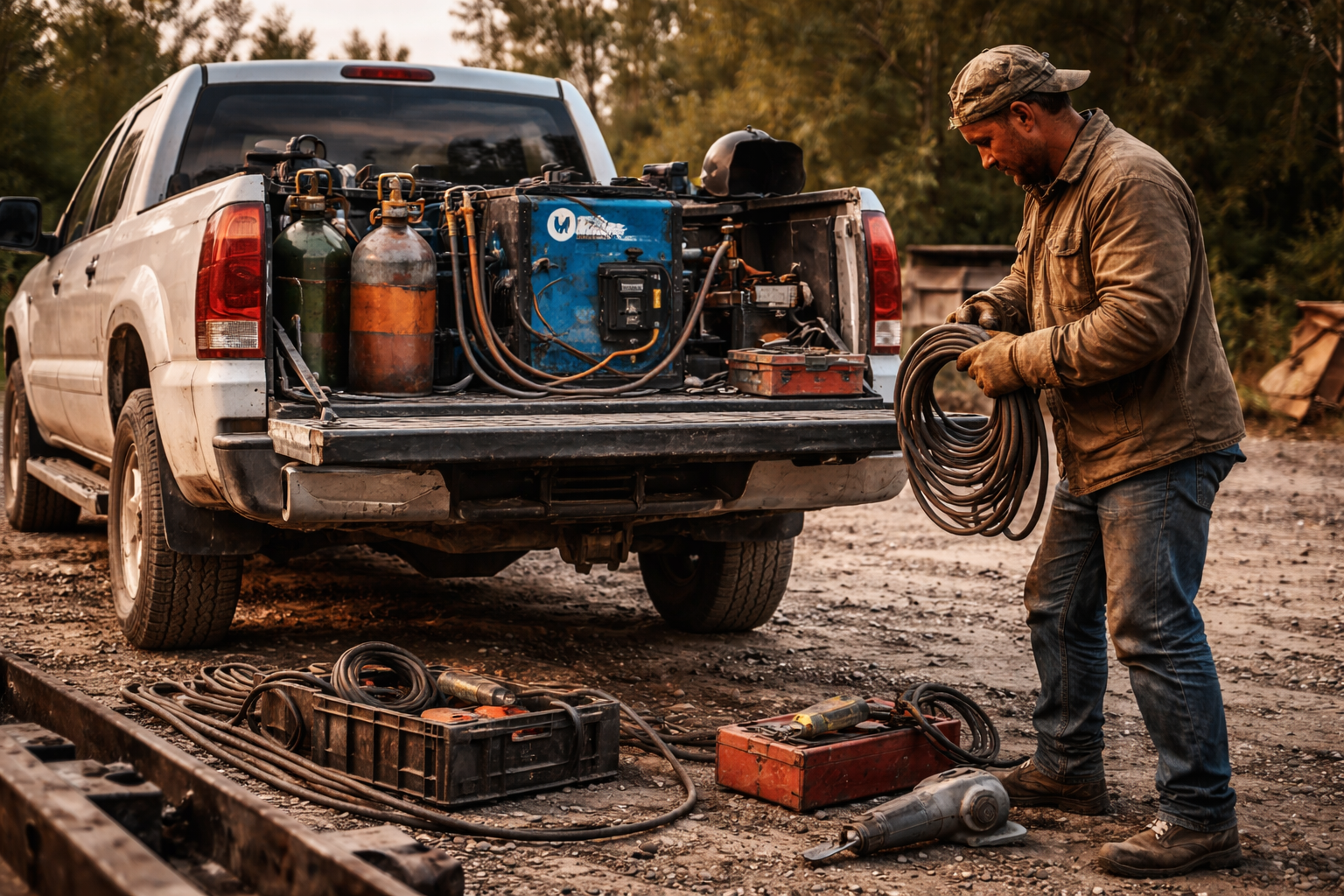 A man working on a pickup truck with tools and equipment around him outdoors during daytime.