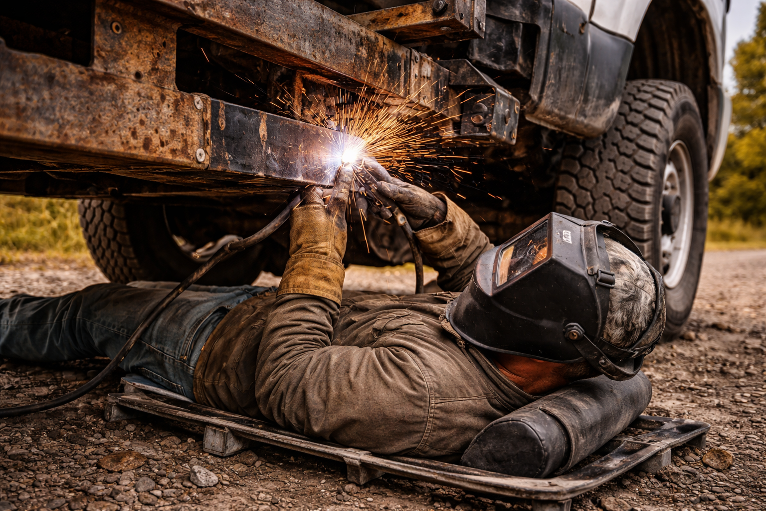 A person welding a rusted metal frame under a vehicle while lying on a wheeled platform, wearing protective gear including gloves and a welding helmet, outdoors on a gravel surface with trees in the background.