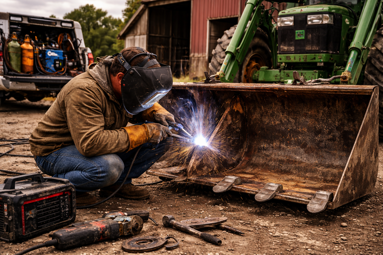 A man welding on a large rusty metal piece outdoors, wearing a welding helmet, gloves, and a brown jacket, with a farm building and green tractor in the background.
