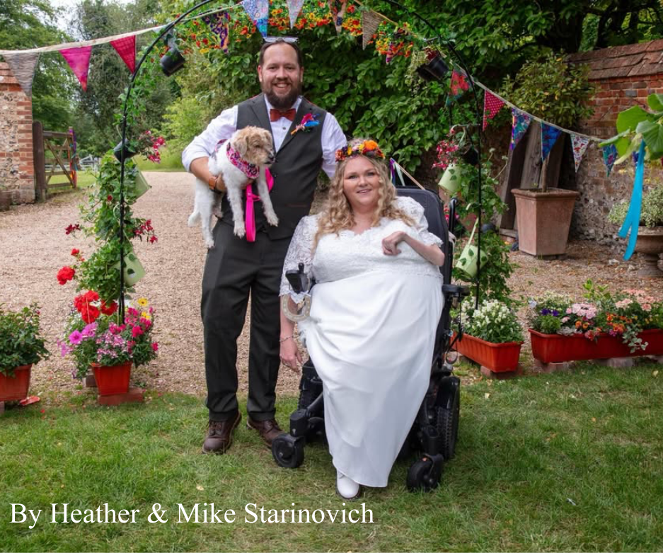 bride and groom with dog