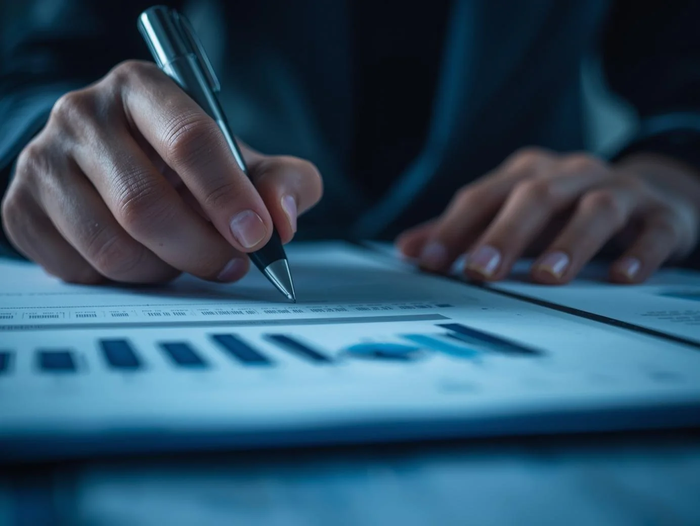 Close-up of a person's hand holding a pen and writing on a sheet with bar graphs and data, with another hand resting on the sheet.