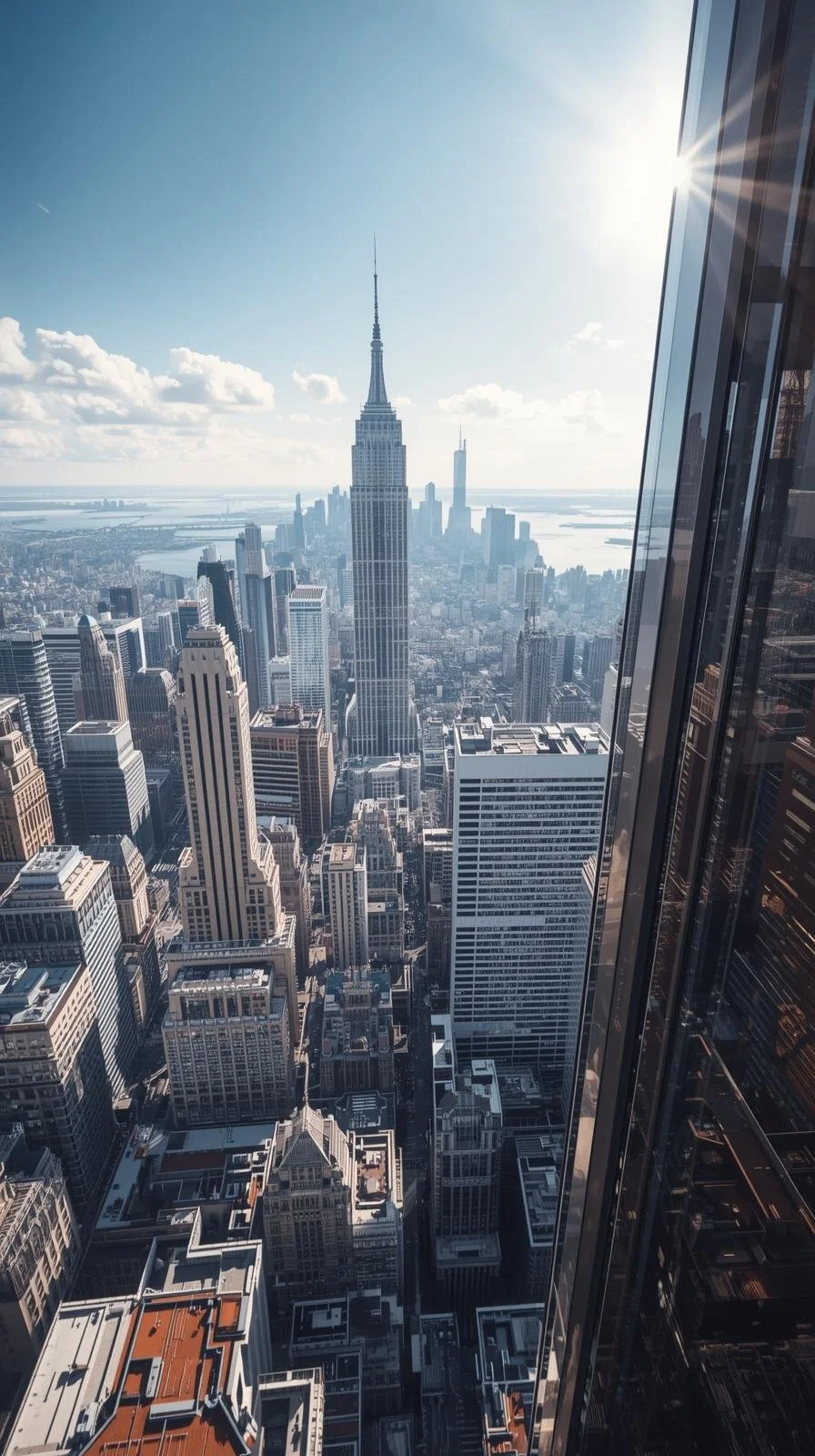 Aerial view of New York City skyline with Empire State Building and One World Trade Center in distance, seen from a high floor of a tall building during daytime with sunlight.