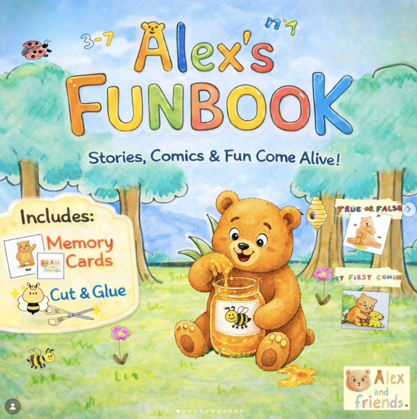 Colorful children's book cover titled "Alex's Funbook" with a bear holding honey, surrounded by trees, bees, ladybugs, and cartoon images of animals and comics with labels such as "Memory Cards," "Cut & Glue," "True or False," and "My First Comic."