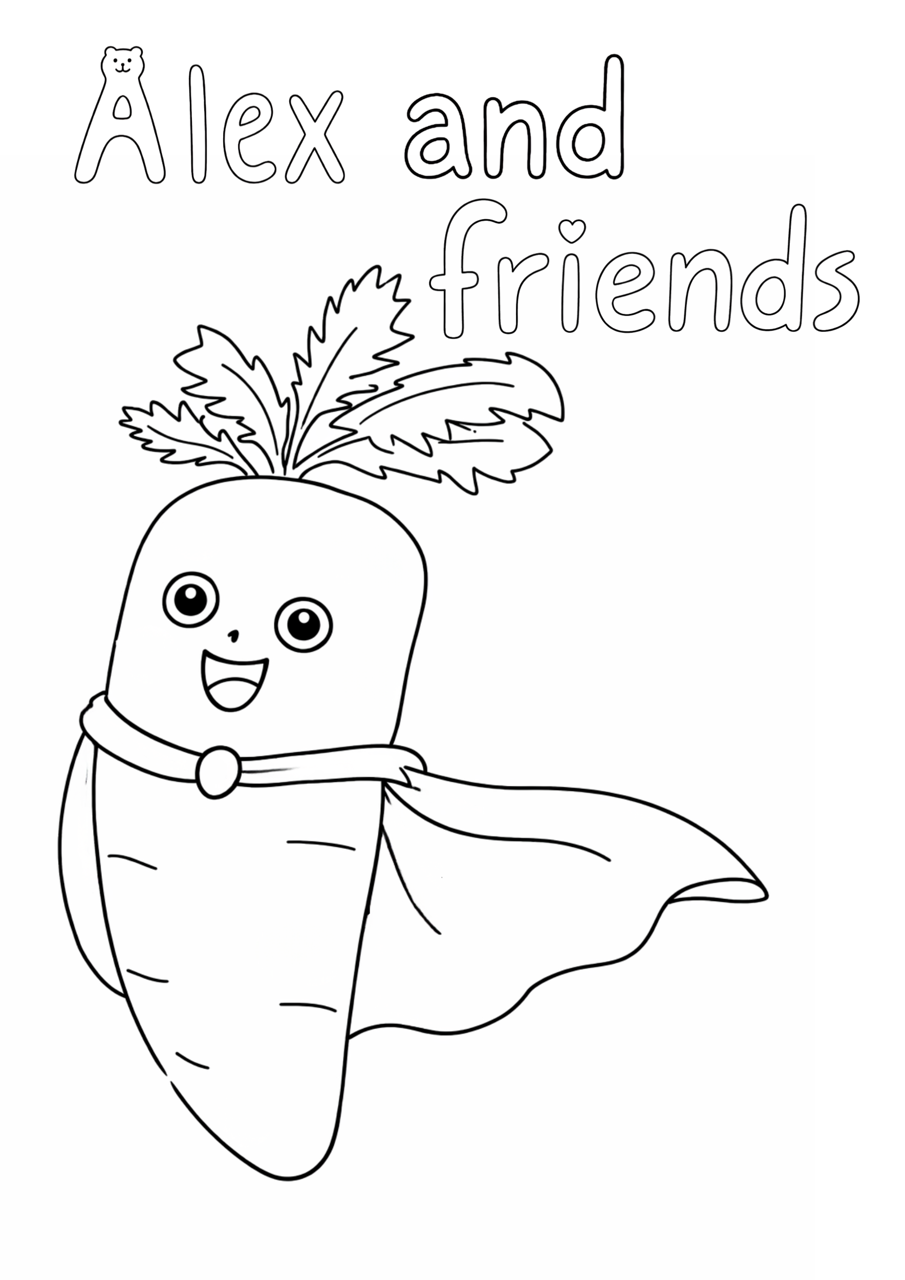 A black and white coloring page of a cartoon carrot with a smiling face, wearing a cape, and waving.