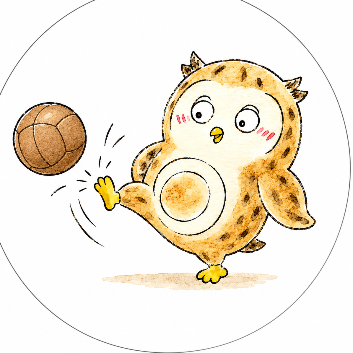 Cute cartoon owl with a round body, large eyes, and small wings, kicking a basketball while blushing.