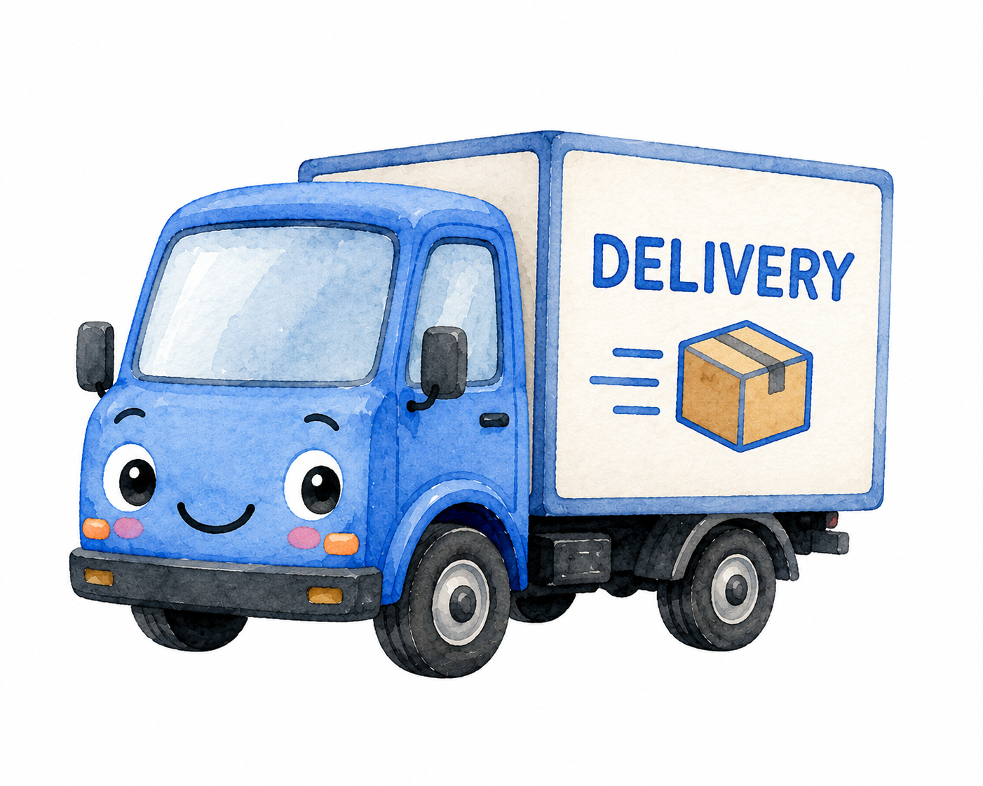 Cartoon delivery truck with a smiling face and big eyes, labeled 'Delivery' on the side, carrying a package.