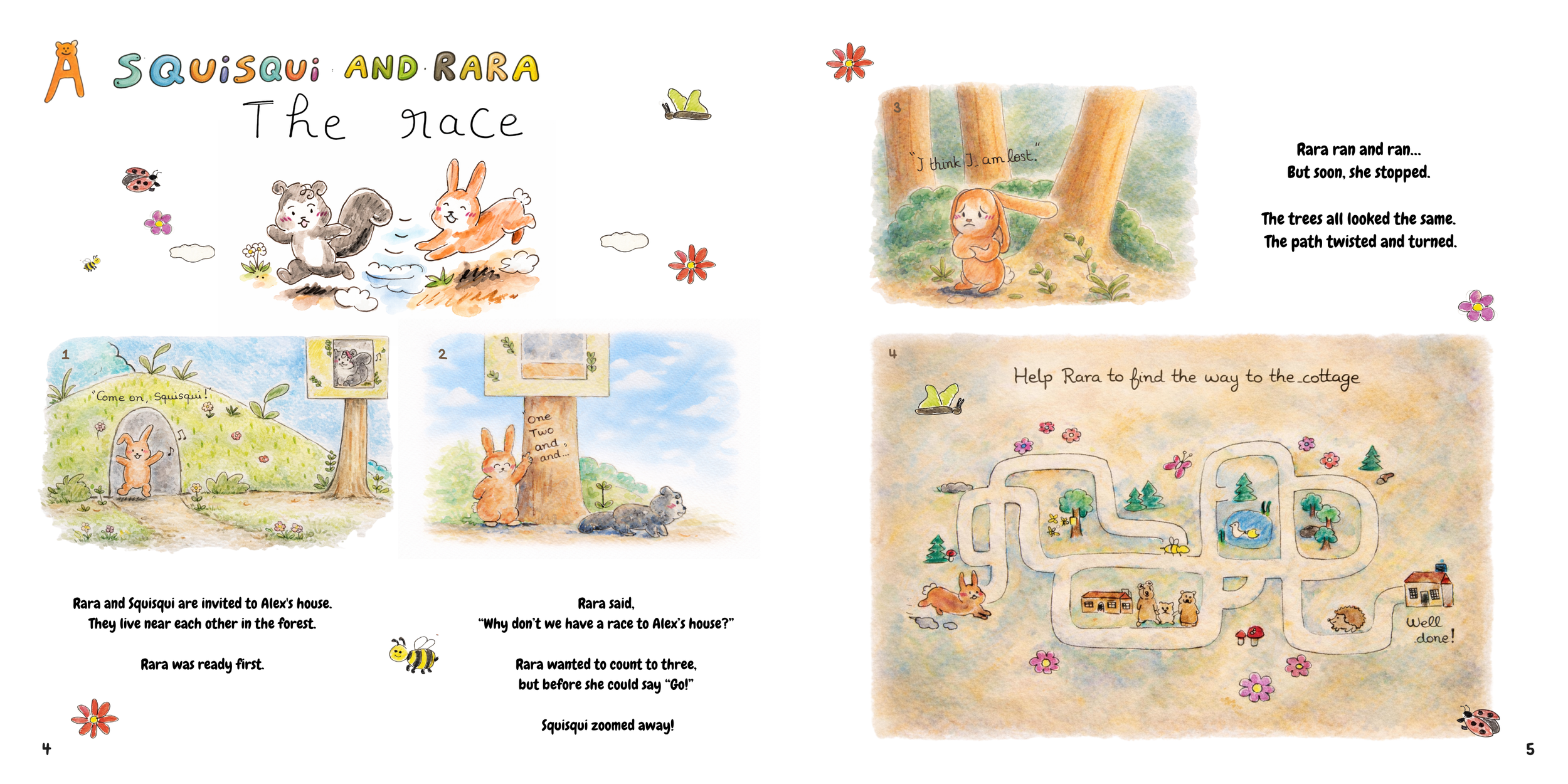 Colorful illustrated children's book pages featuring a story about squirrels named Rara and Squisqui. The pages include cartoon animals, trees, a race, and a map leading to a cozy cottage.