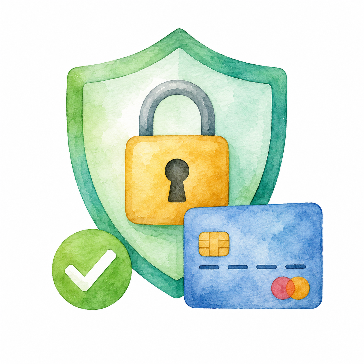 Watercolor illustration of a shield with a padlock, a credit card, and a green checkmark, symbolizing online security and payment safety.
