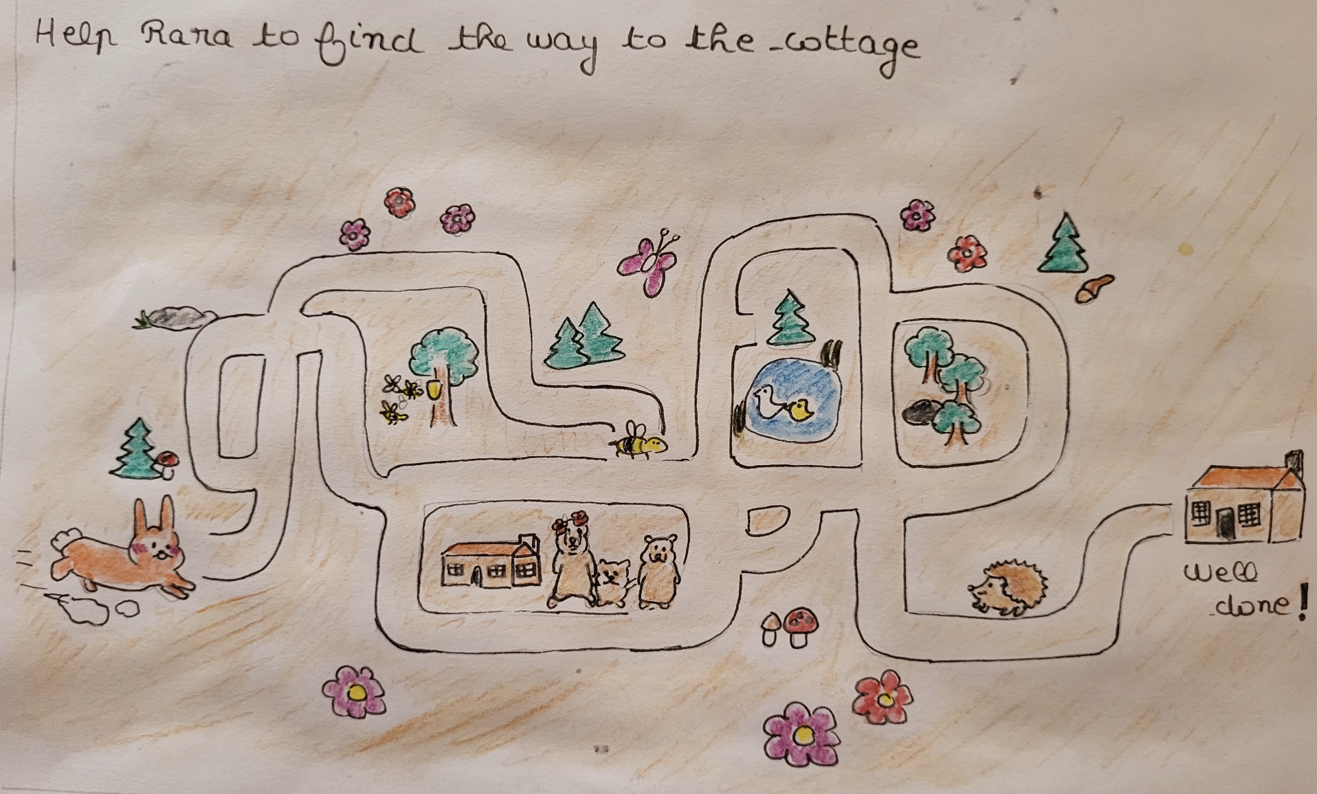 A hand-drawn map of a backyard with a path, trees, a pond with ducks, animals including a dog, a hedgehog, and bears, and a note at the top saying 'Help Rana to find the way to the cottage.' The map includes flowers, mushrooms, and other decorative elements.