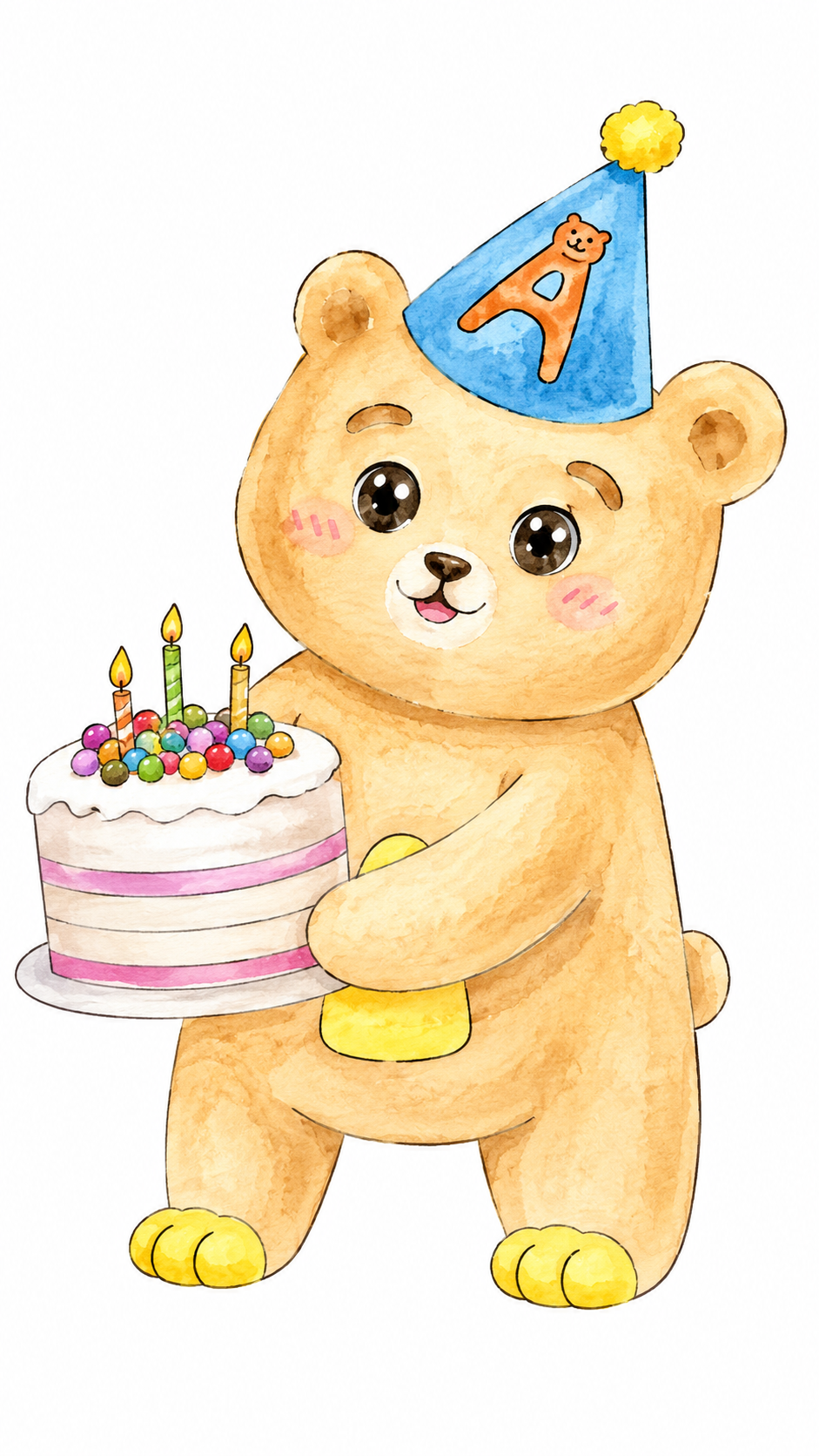 Cute cartoon bear wearing a blue birthday hat with bear face and pom-pom, holding a birthday cake with lit candles and colorful decorations.