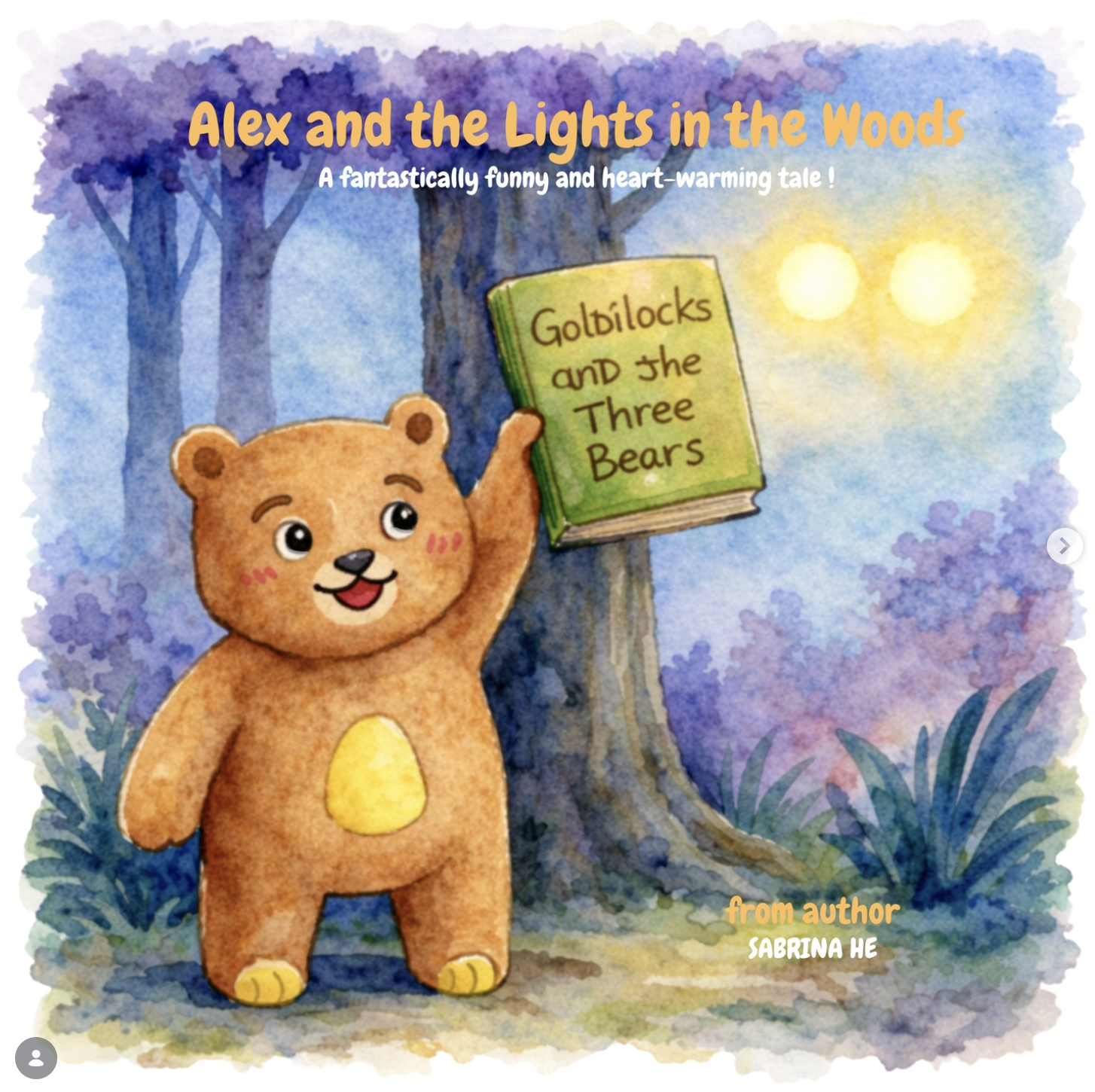 A watercolor illustration of a bear standing outdoors in front of a tree, holding a green book titled 'Goldilocks and the Three Bears'. The background shows the sun setting behind trees and purple foliage.