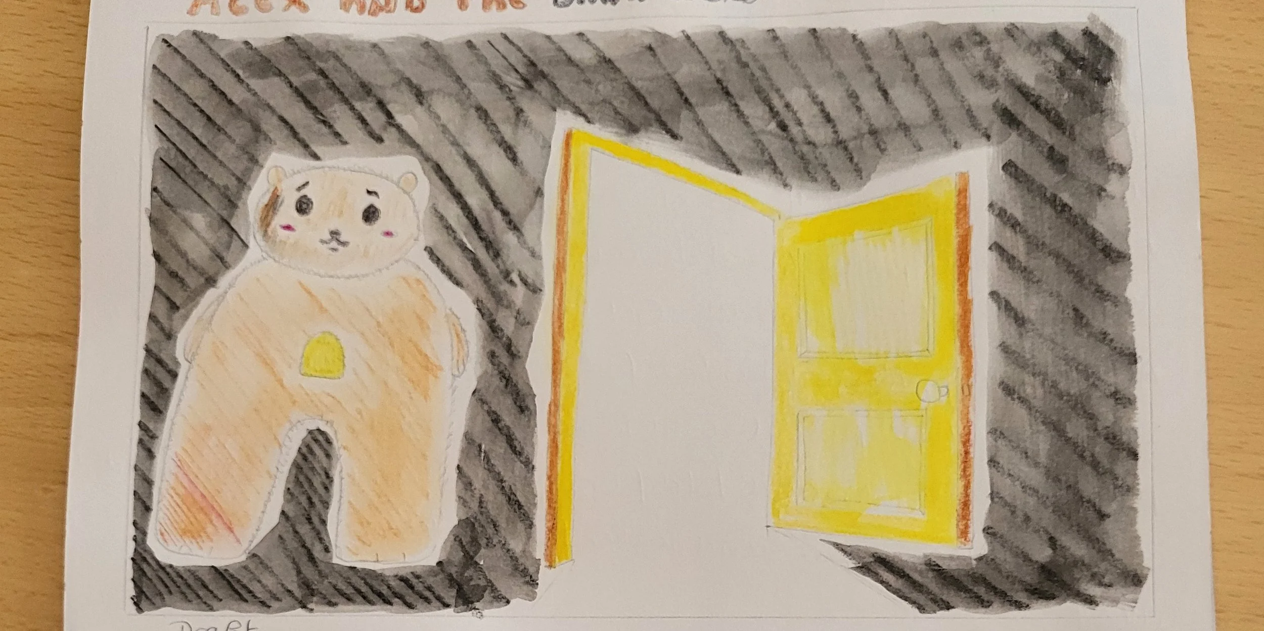 A hand-drawn picture of a bear standing in front of a black and gray striped background and a yellow door with an orange frame.