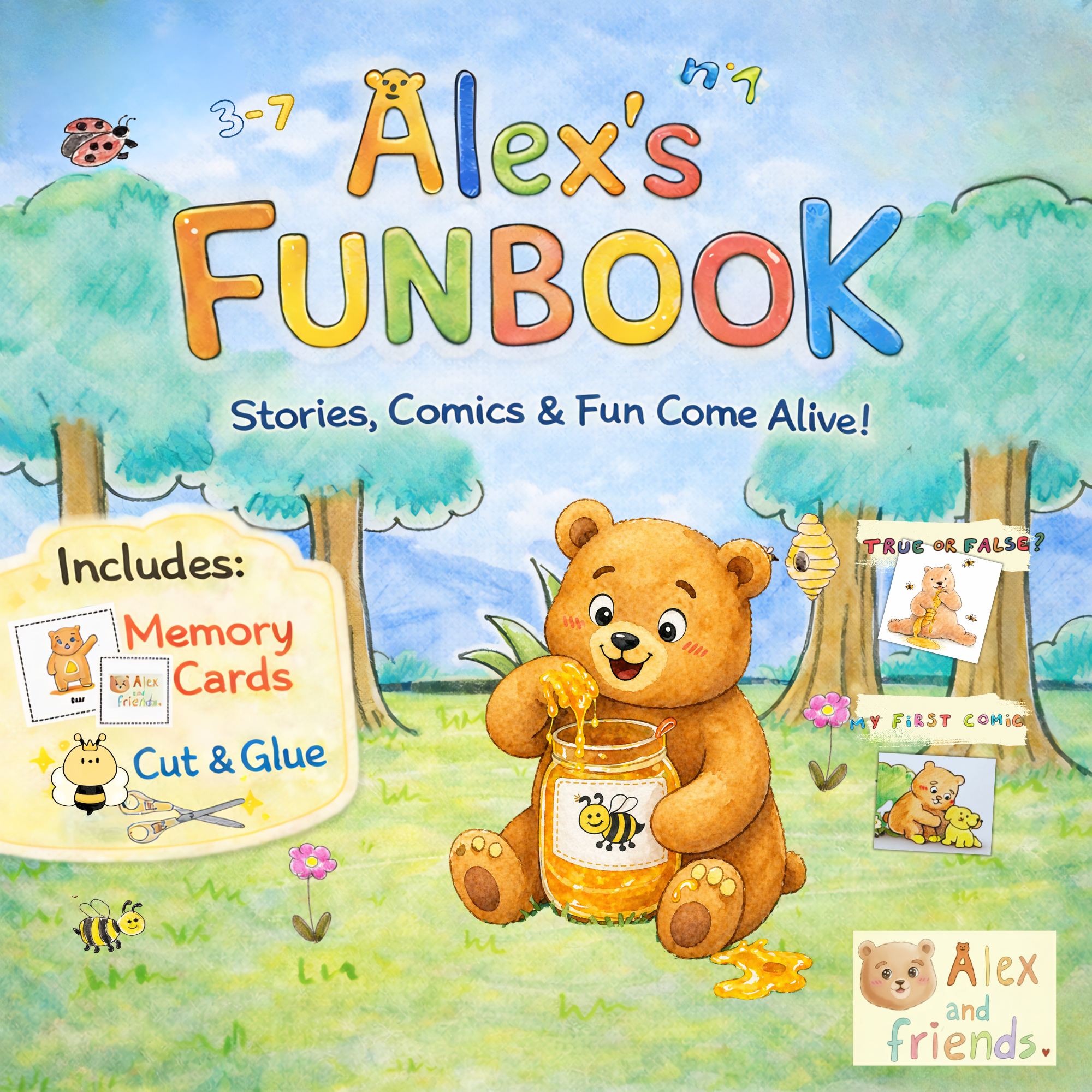 Colorful illustrated children's book cover titled "Alex's Funbook" with a smiling teddy bear holding honey jar, surrounded by trees, bees, and other cartoon animals, with the subtitle "Stories, Comics & Fun Come Alive!"