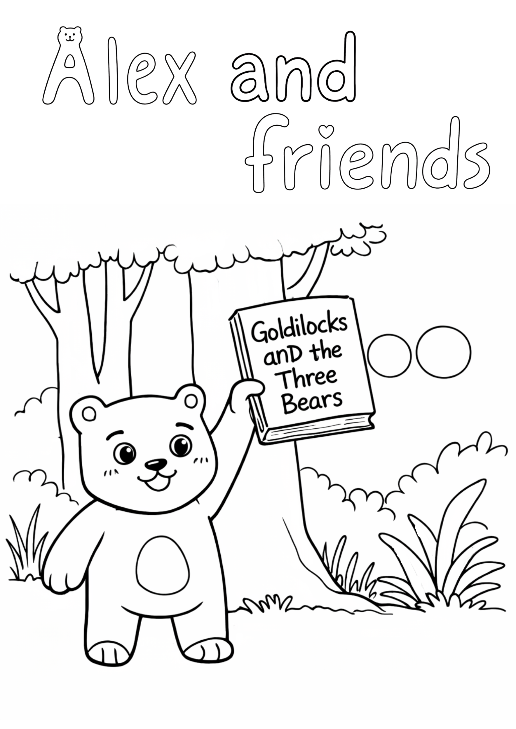 A coloring page featuring a bear with a heart-shaped patch on its stomach, holding a book titled 'Goldilocks and the Three Bears,' surrounded by trees, grass, bushes, and flowers.
