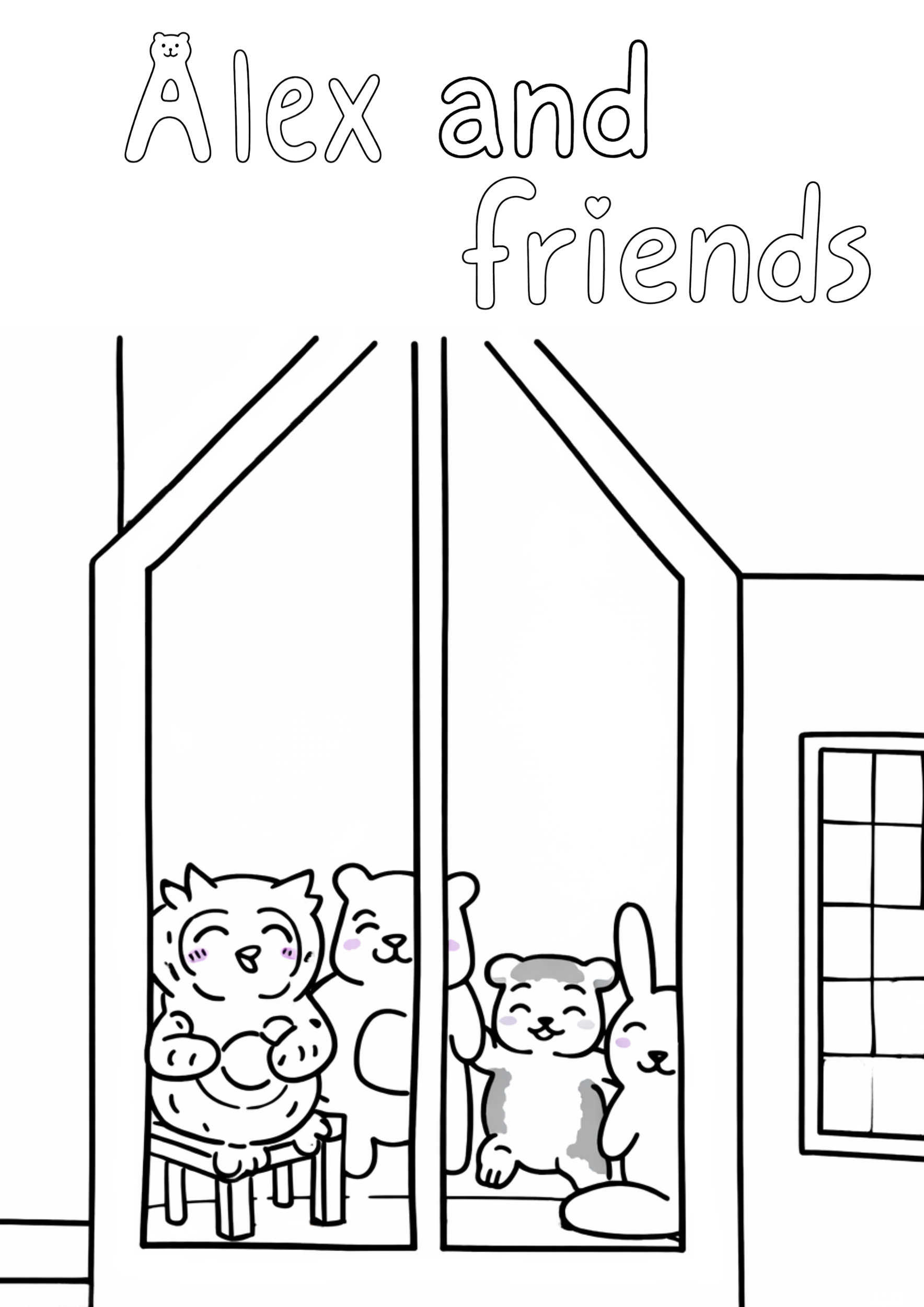 Black and white coloring page of a lion and a dog sitting on chairs inside a cage with bars. The lion is smiling with facial blush marks, and the dog is also smiling with facial blush marks. The top of the image has the text 'Alex and friends' with a small bear face on the letter 'A'.