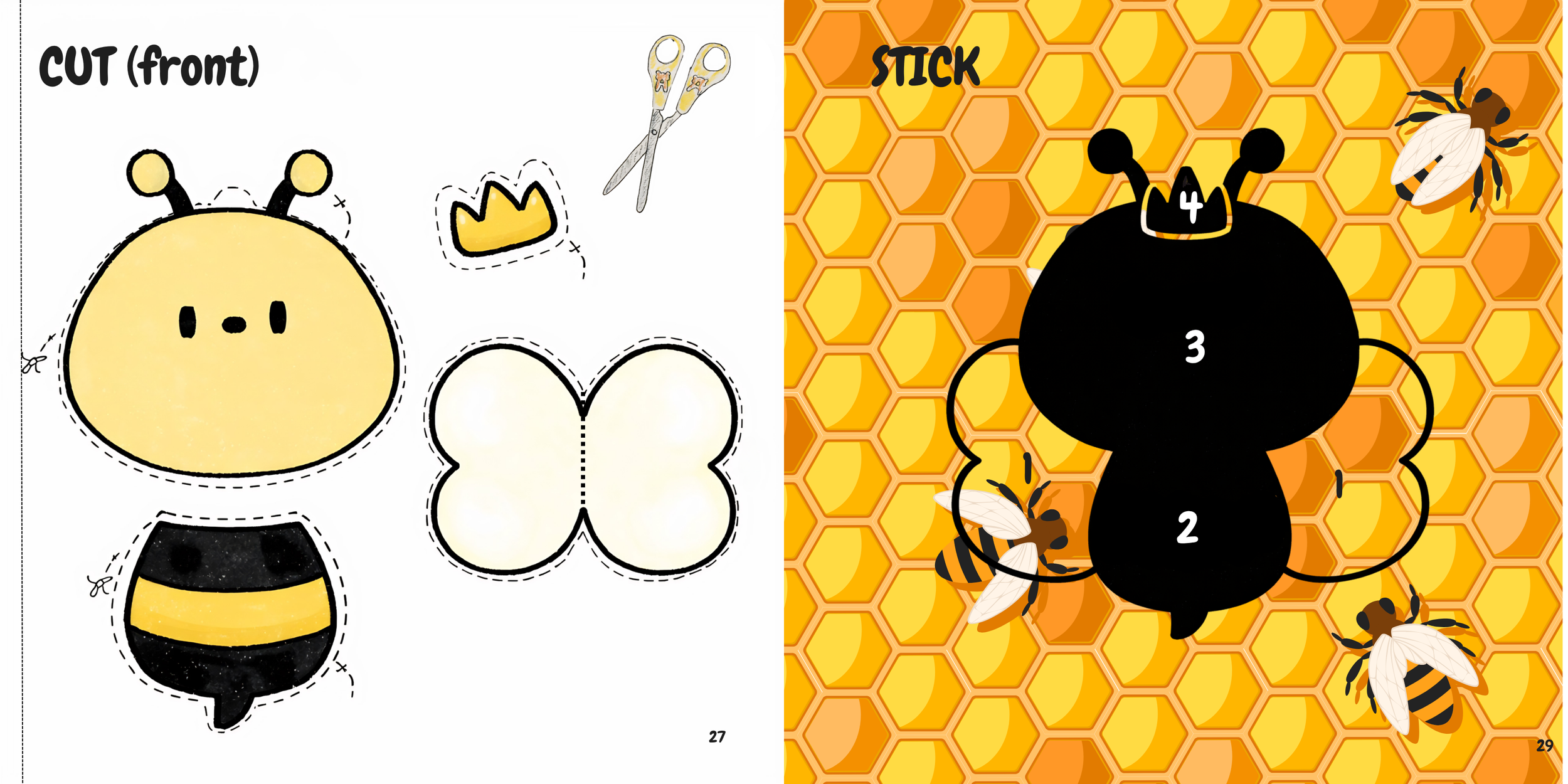 Left side shows a template of a cute cartoon bee with cut-out sections for the head and body, along with scissors, a crown, and wings. Right side features a colorful background with a honeycomb pattern and a large cartoon bee with numbered sections, surrounded by bees and honey.