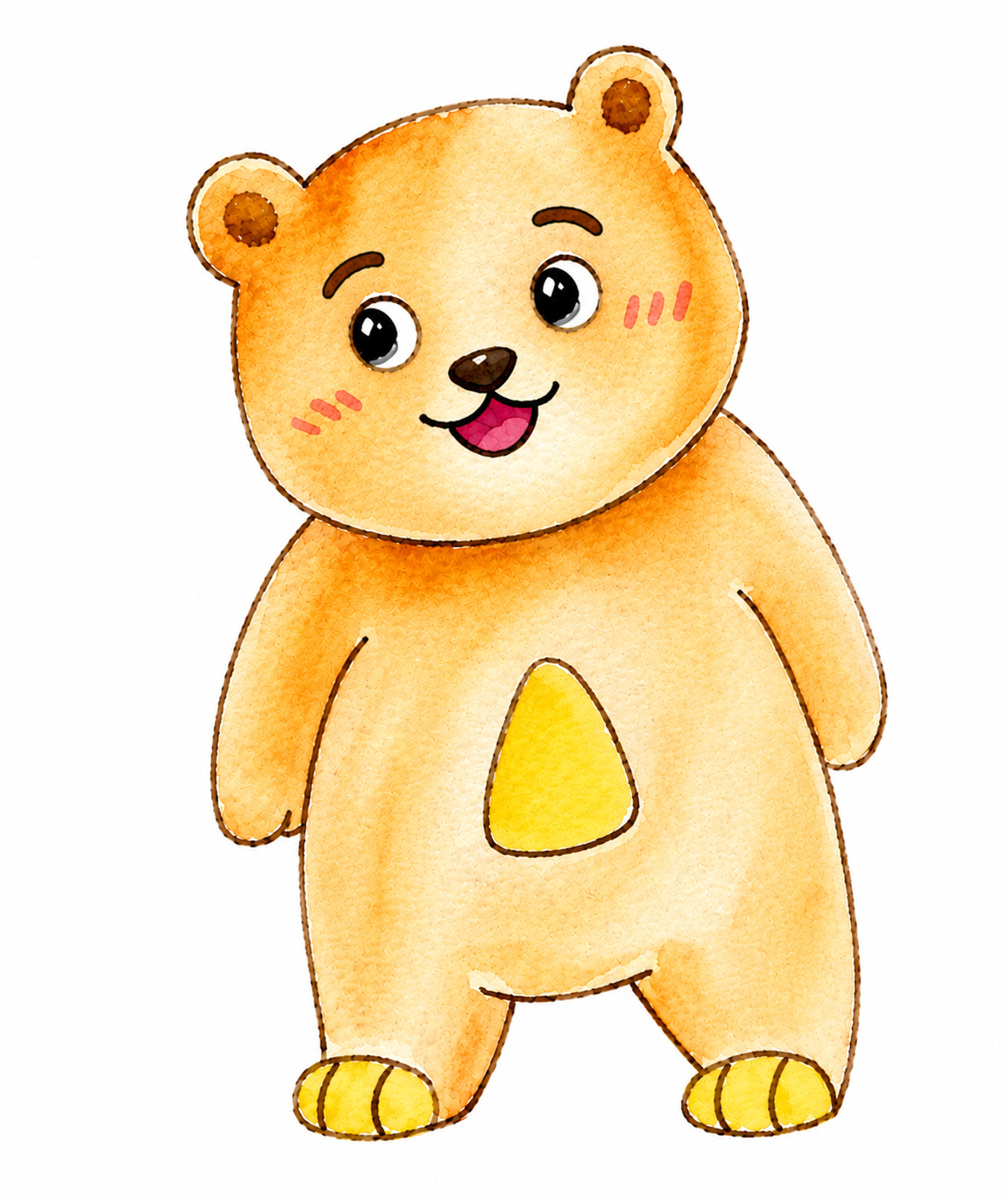 A cute cartoon bear with large eyes, blushing cheeks, and a happy expression, standing on two legs against a white background.