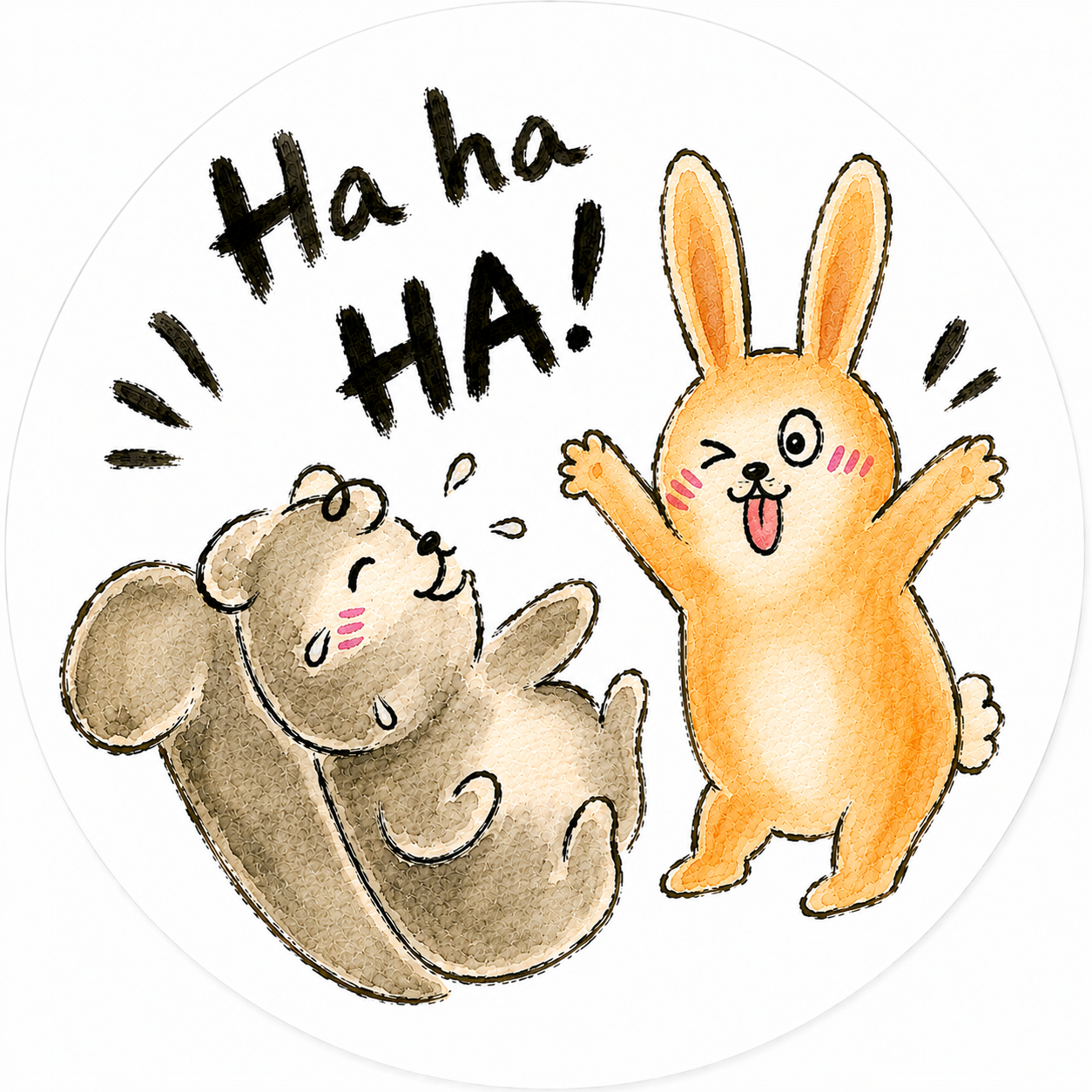 Cartoon illustration of a happy brown bear and an orange bunny celebrating with the words "Ha ha ha!" above them.