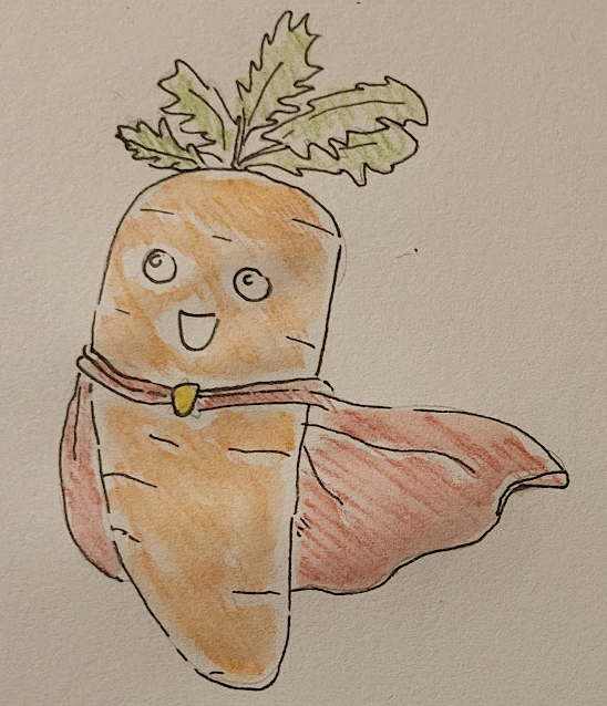 An anthropomorphized carrot character with a happy face, leafy green top, and wearing a red cape.
