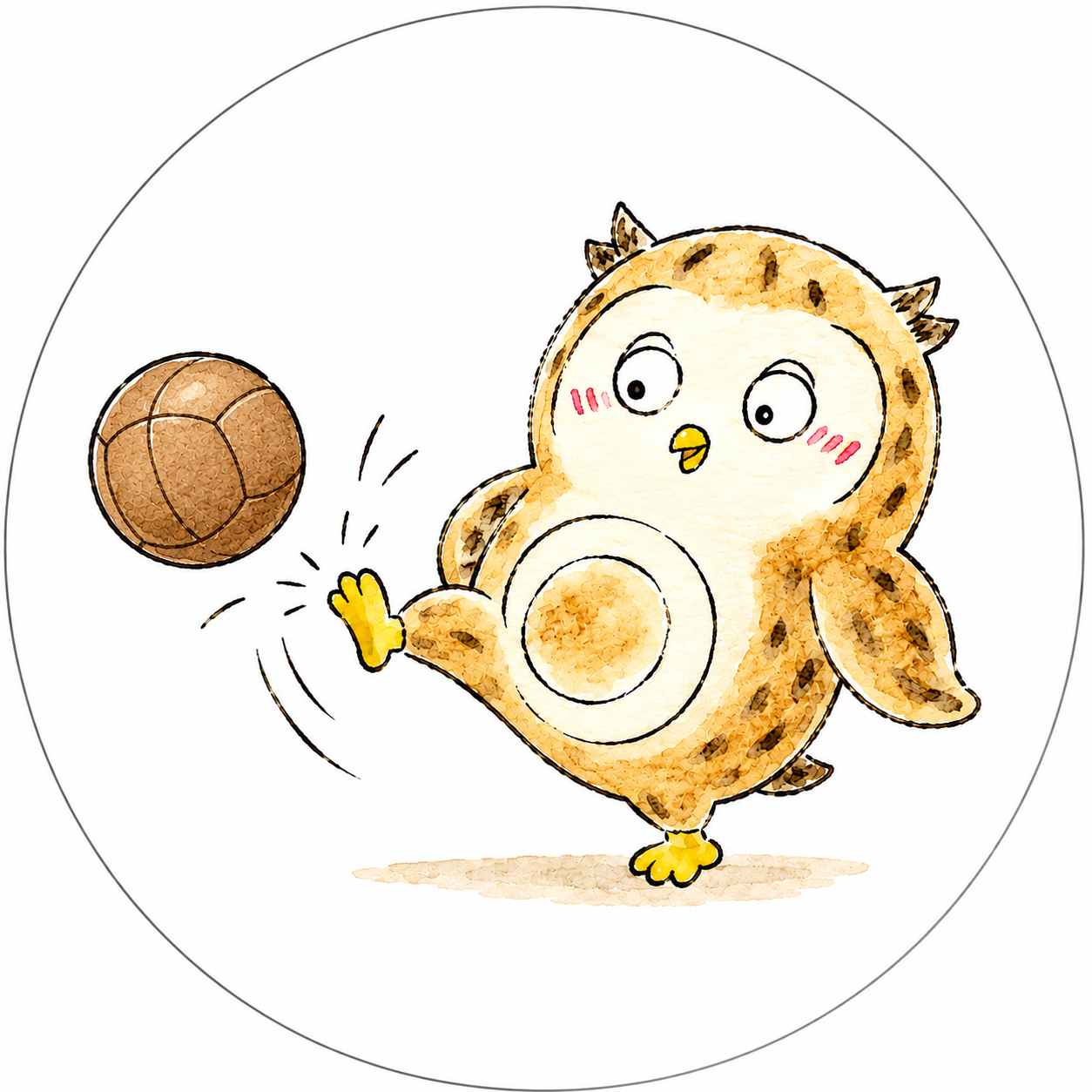 Cute cartoon owl playing soccer, kicking a brown ball with a yellow foot, blushing cheeks, and wide eyes, on a white background.