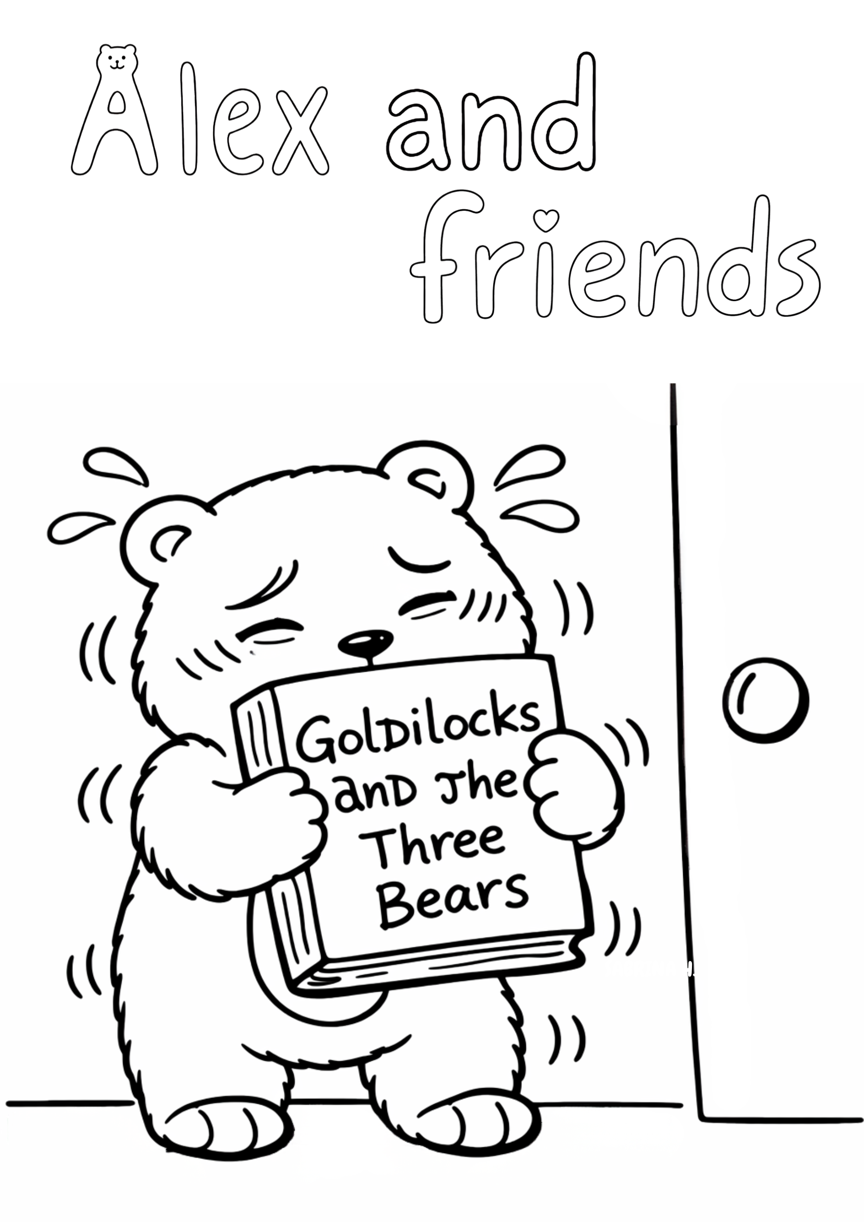 Drawing of a cute bear standing behind a sign that reads "Goldilocks and the Three Bears." The bear is happy and holding the sign, with a fishing pole nearby.