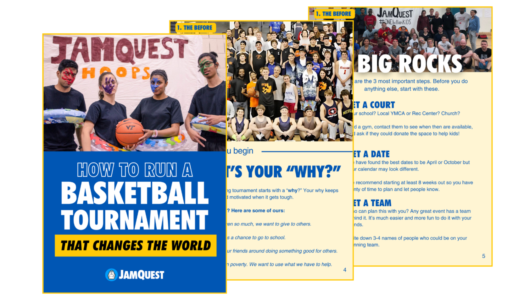 Cover page for a basketball tournament guide titled "How to Run a Basketball Tournament That Changes the World" by JamQuest, featuring four young people holding sports equipment and wearing matching black shirts, standing against a banner that says "JamQuest HOPS." Behind the cover, there are two additional pages from the guide with group photos and text outlining steps for organizing a basketball event.