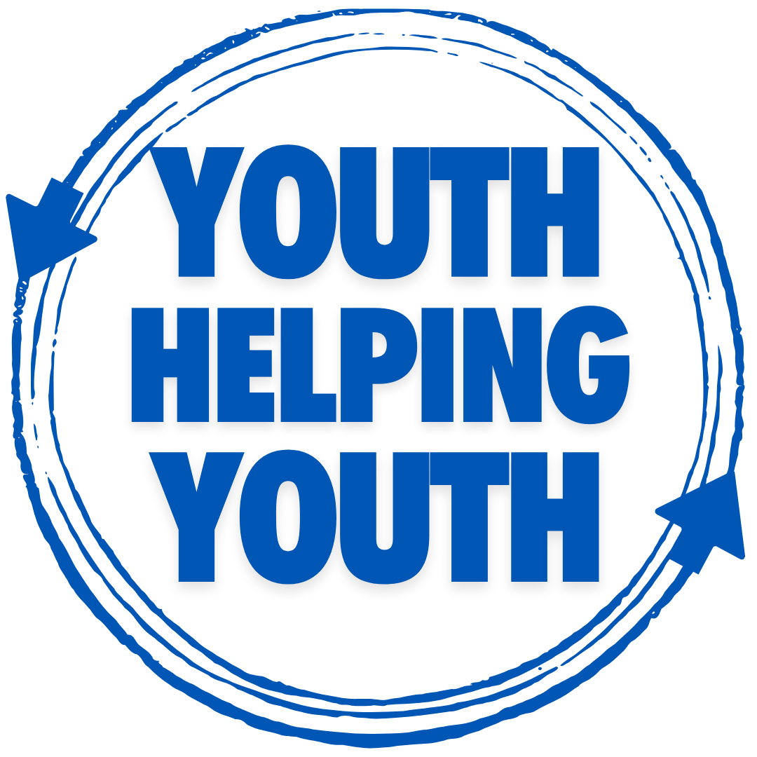 Blue text that reads "YOUTH HELPING YOUTH" surrounded by concentric circles and arrows.