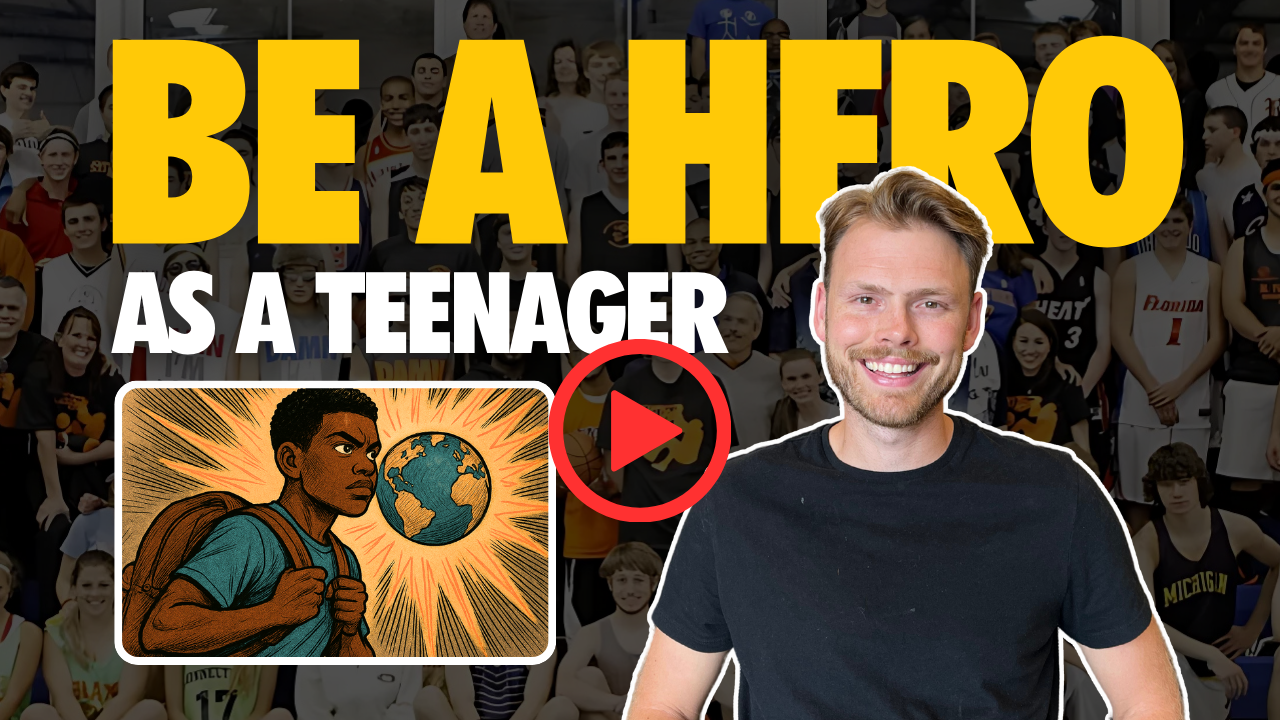 Thumbnail for a video titled "Be a Hero as a Teenager" showing a smiling man in a black t-shirt in front of a large group of teenagers in sports uniforms with a cartoon image of a young person carrying a backpack and holding the globe.