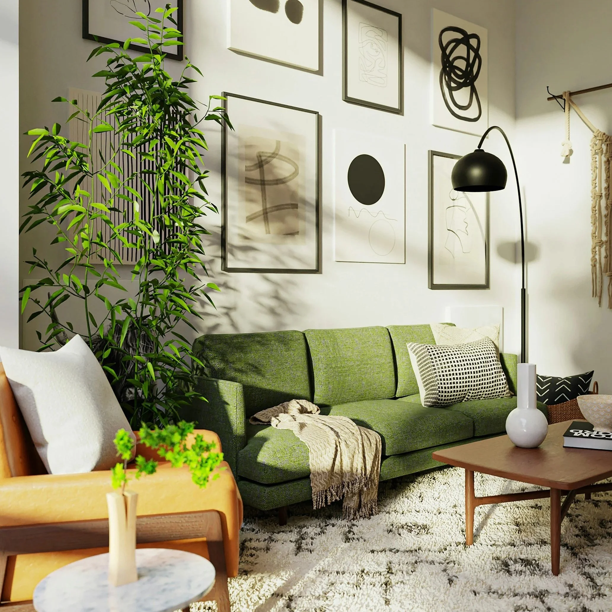 Living room with green sofa, yellow armchair, white throw blanket, decorative pillows, wooden coffee table with white vase, large potted plant, gallery wall of artwork, black floor lamp, and textured rug.