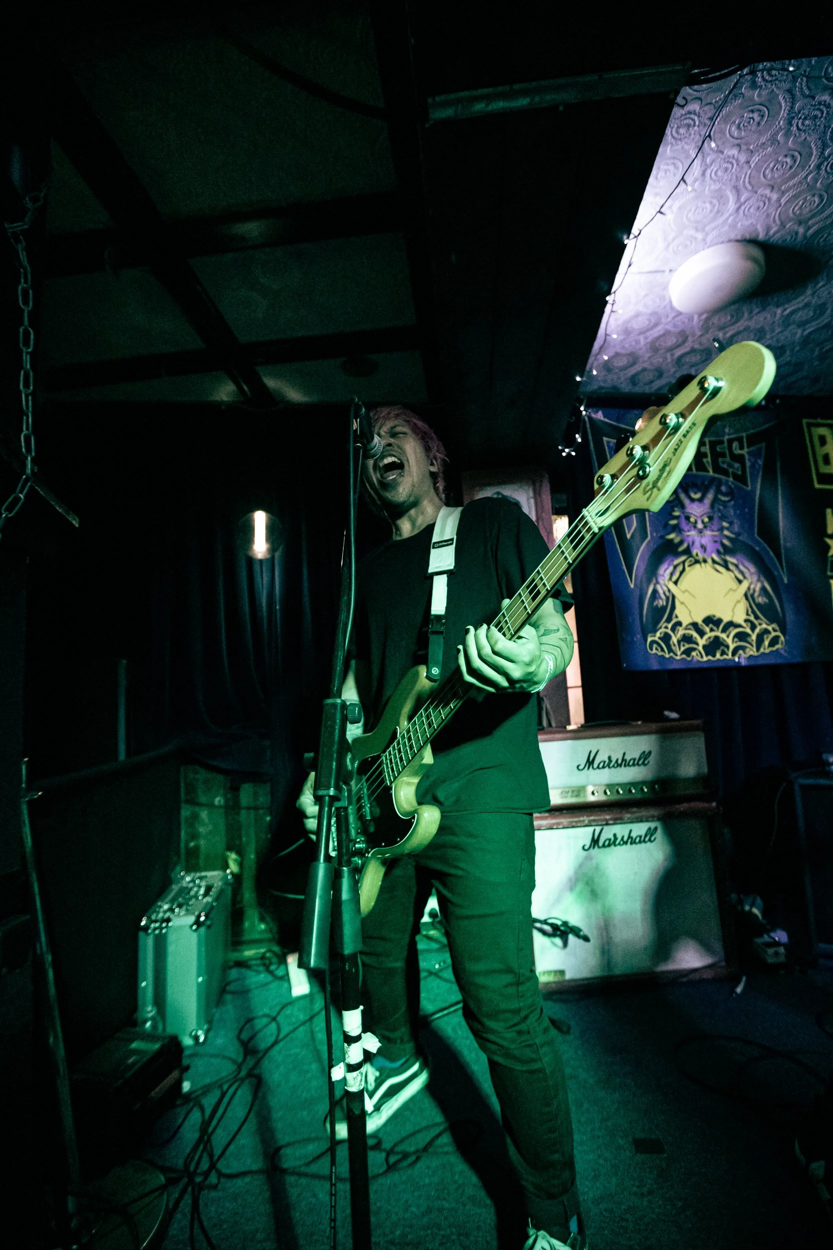 A musician with purple hair passionately sings into a microphone while playing an electric bass guitar on stage, surrounded by musical equipment and stage decorations.