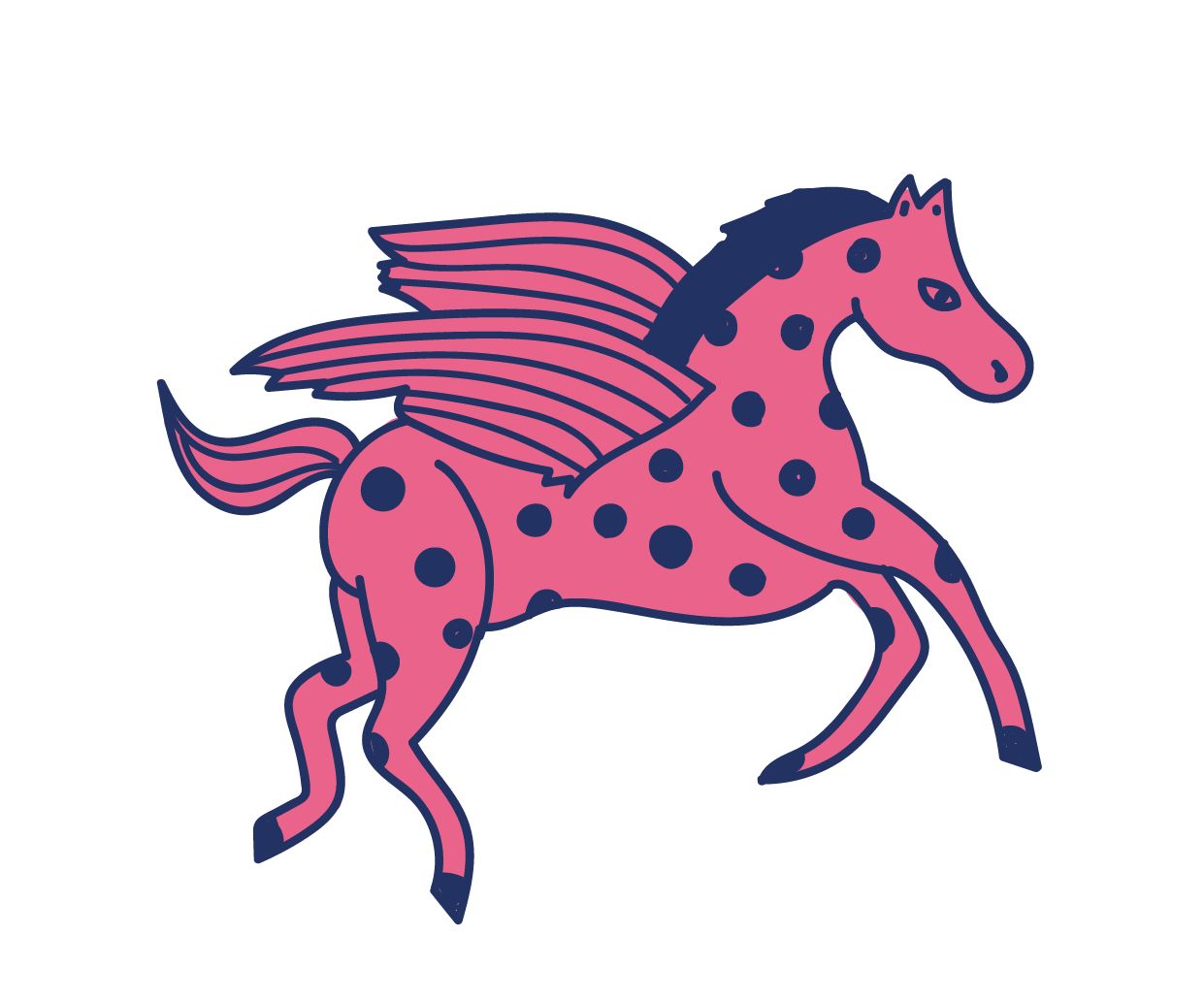 Pink cartoon horse with black spots and a black mane, with pink and black striped wings