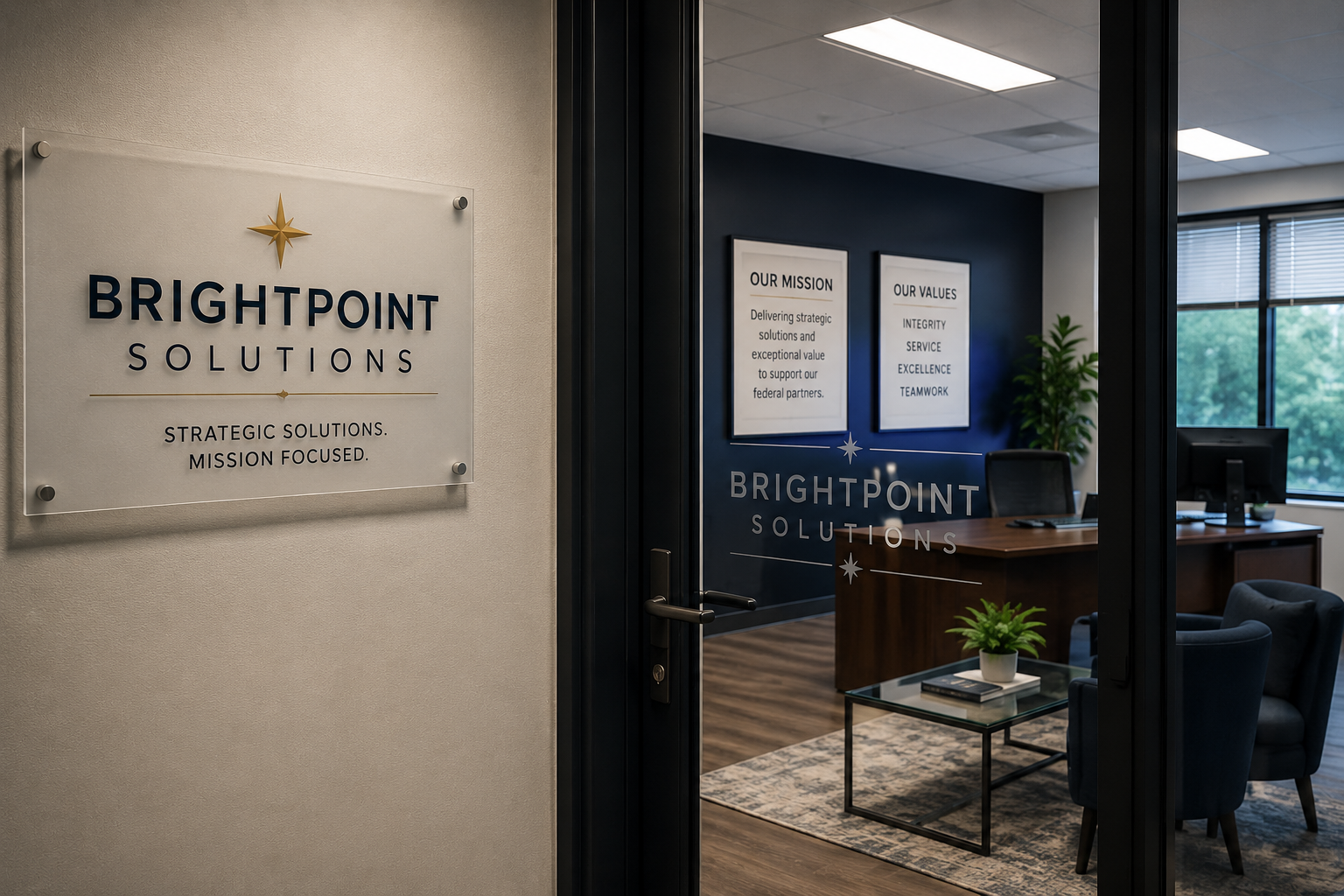 Interior of an office with a sign on the wall that reads BrightPoint Solutions, Strategic Solutions, Mission Focused, and a glass door with the company logo. Inside, there are framed mission and values statements, a desk with a computer, chairs, a plant, and windows showing greenery outside.