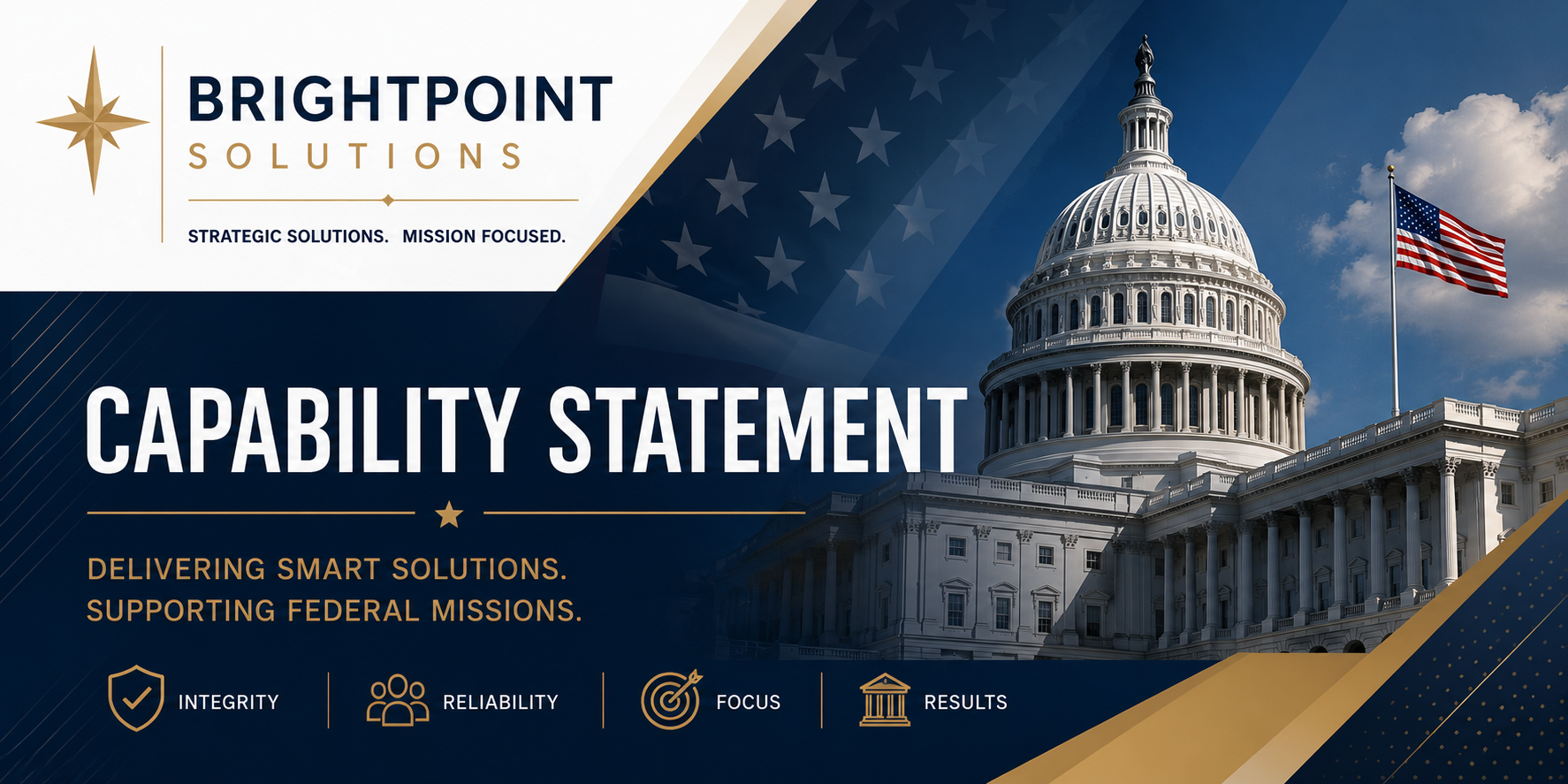Business presentation slide with the title 'Capability Statement' for Brightpoint Solutions, featuring an image of the U.S. Capitol building with an American flag, and keywords like integrity, reliability, focus, results.