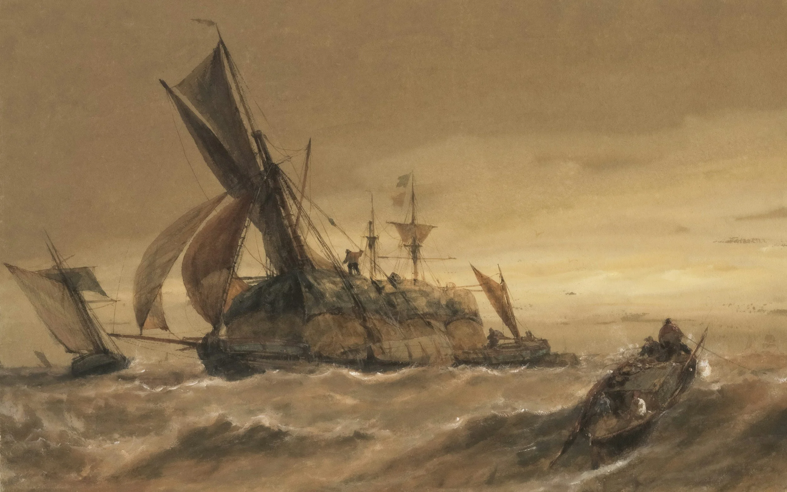 A painting of several sailing ships caught in a stormy sea, with large waves crashing against the ships and dark, cloudy skies above.