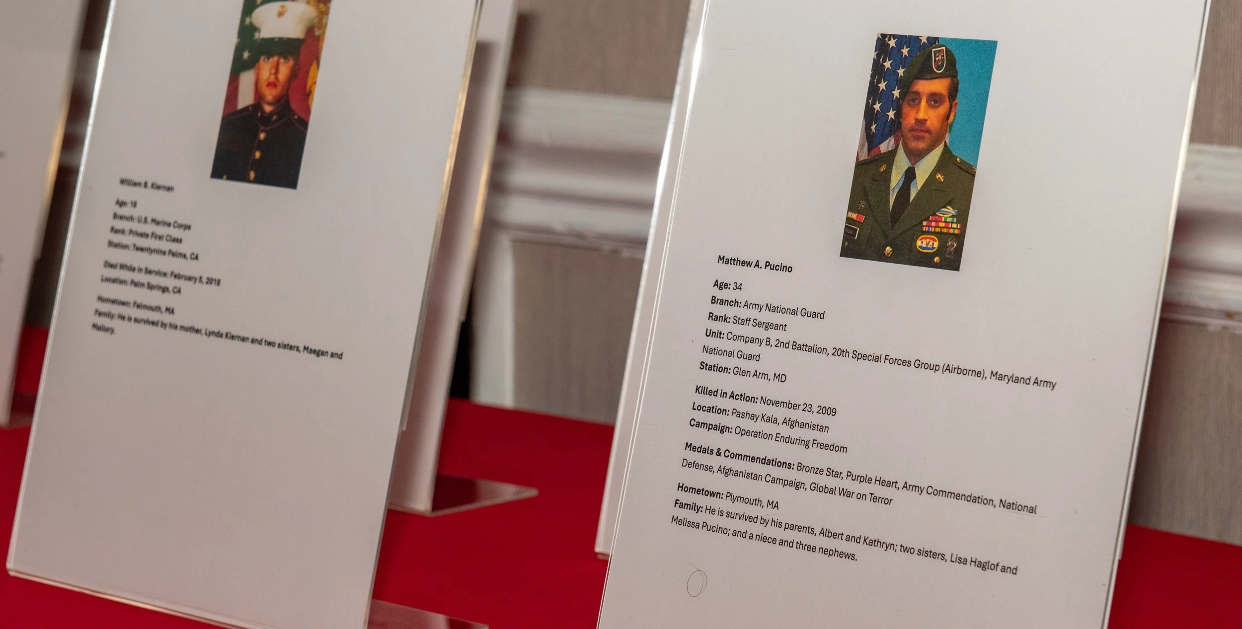 Displays memorial plaques for military personnel, each featuring a portrait photograph in uniform, name, age, military branch, rank, unit, station, actions, location of service, campaign, medals, hometown, and family details.