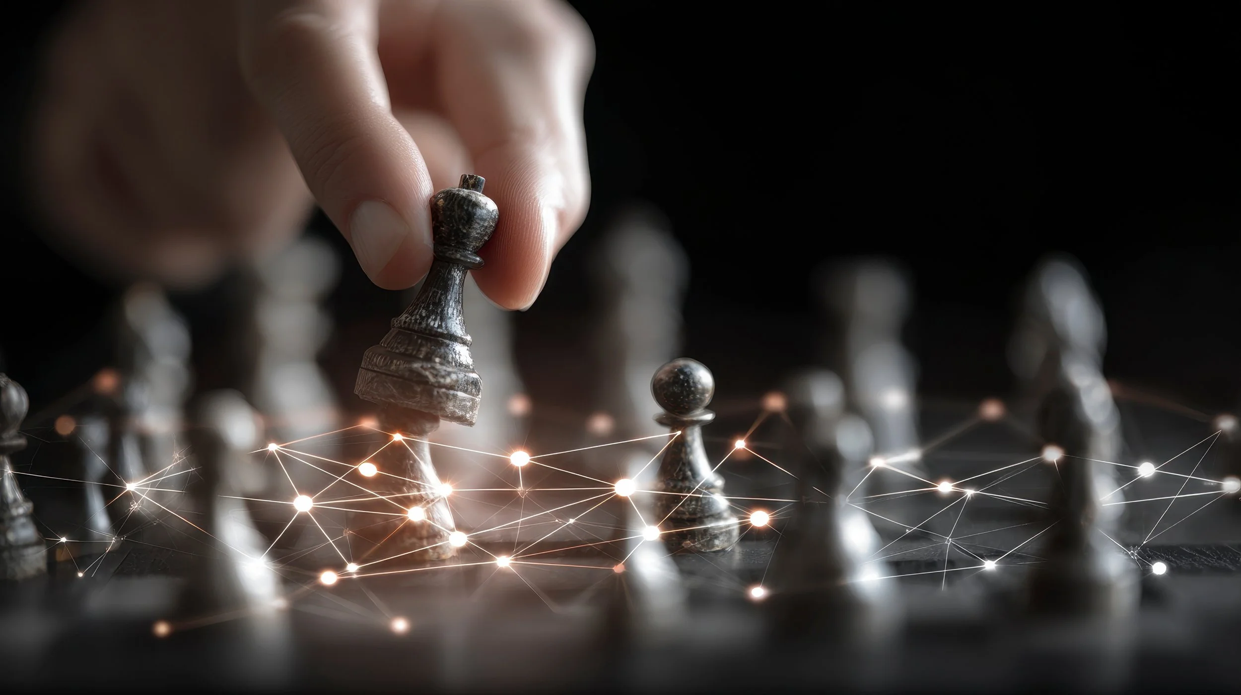 Close-up of a hand moving a chess piece on a chessboard, with illuminated lines and nodes representing a digital or network connection.