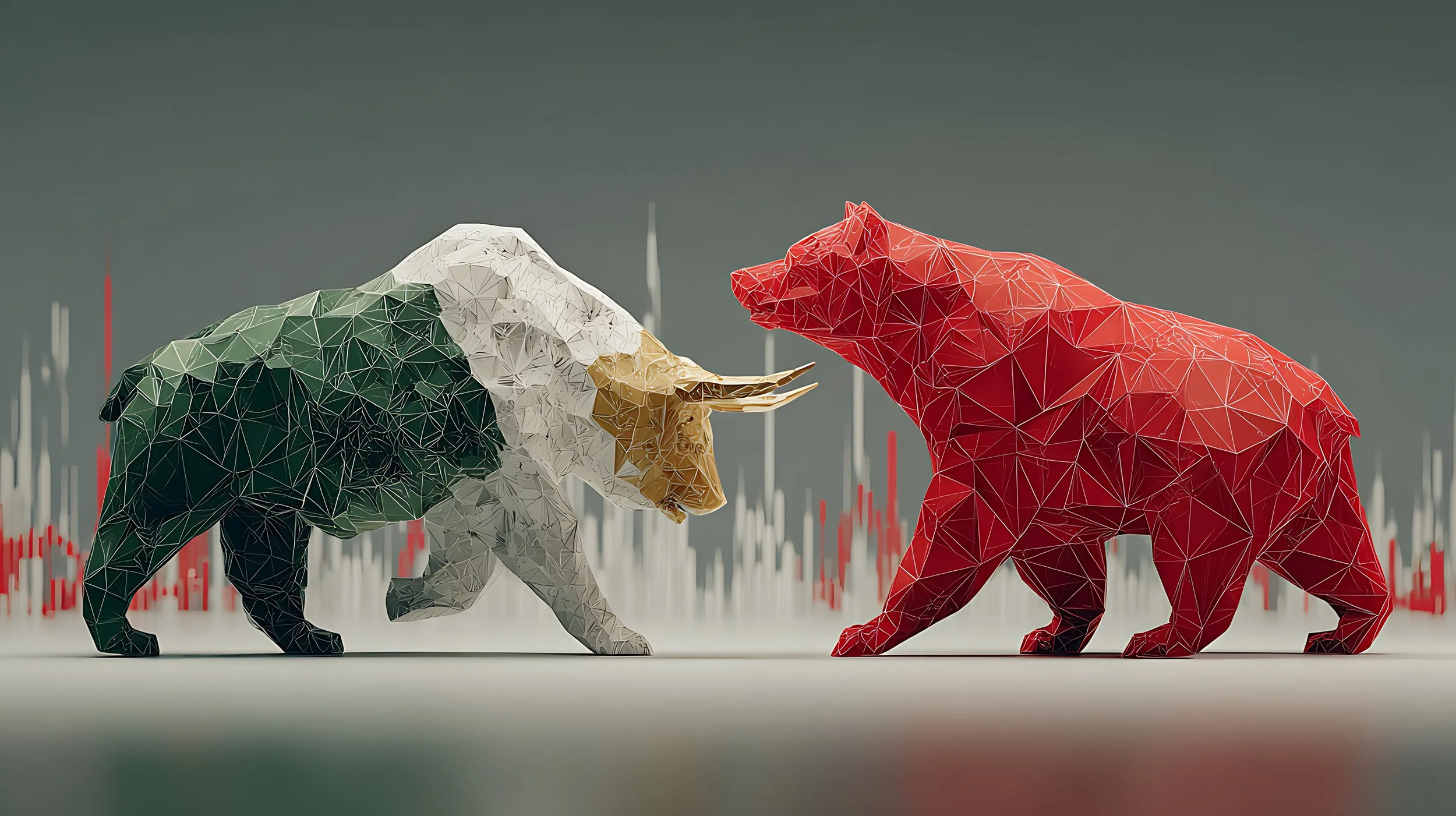 Digital art of a bull and a bear made of polygonal geometric shapes facing each other, representing stock market trends, with red and green bar charts in the background.