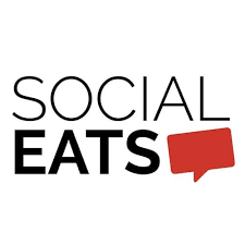 Logo for Social Eats featuring black and red text and a red speech bubble design element.