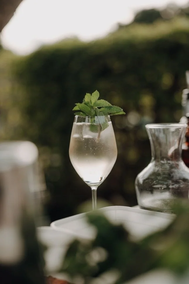 A clear glass filled with a sparkling, light-colored beverage garnished with fresh mint leaves, placed outdoors with a blurred background.