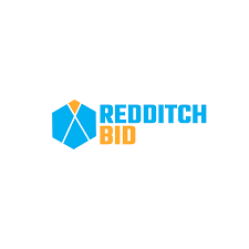 Redditch BID logo with a blue geometric shape and orange text.