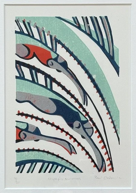 Paul Cleden 
'Olympic Swimmers'
Original Lino Cut Print