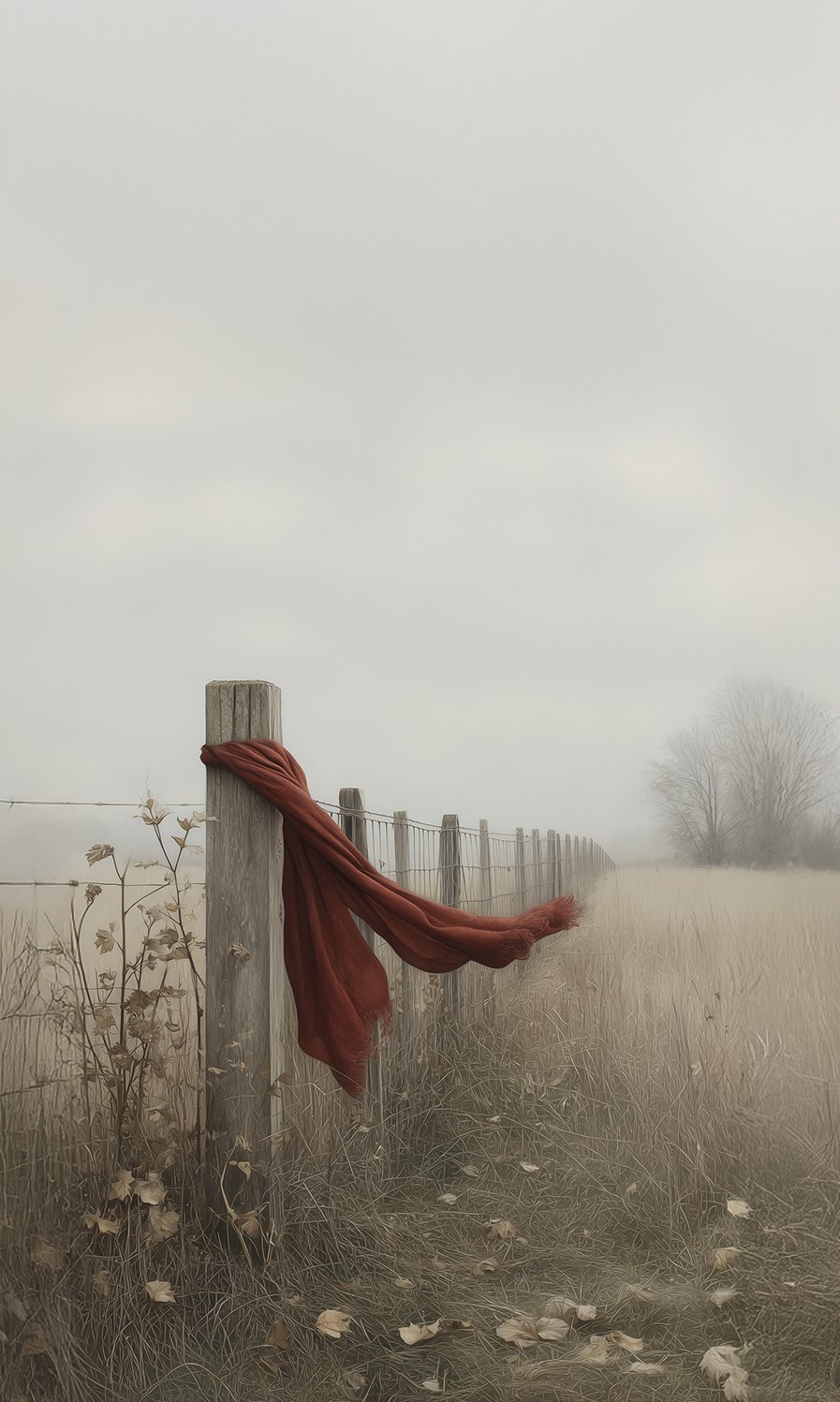 A foggy outdoor scene with a wooden fence, a red cloth tied around a fence post, dry grass, and leafless trees in the background.