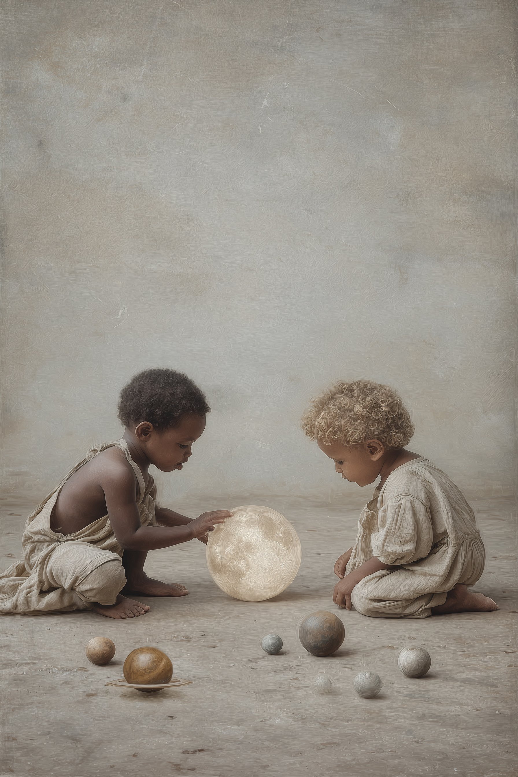 Two children dressed in light-colored clothing are sitting on the ground, one is holding a glowing moon-like sphere while the other watches. Several small planets are arranged in front of them, resembling a miniature solar system.