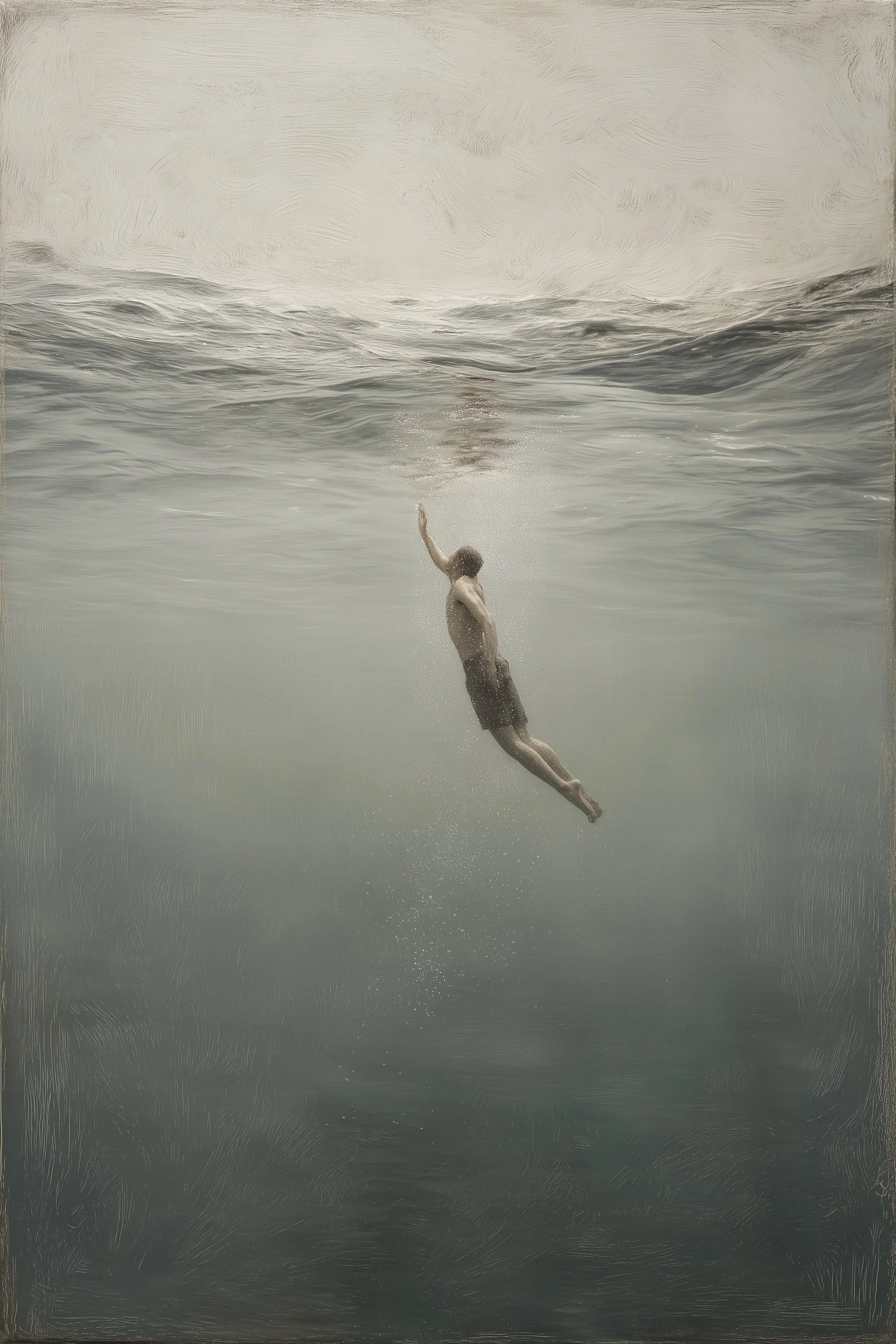 A person swimming underwater in the ocean, viewed from beneath the surface.
