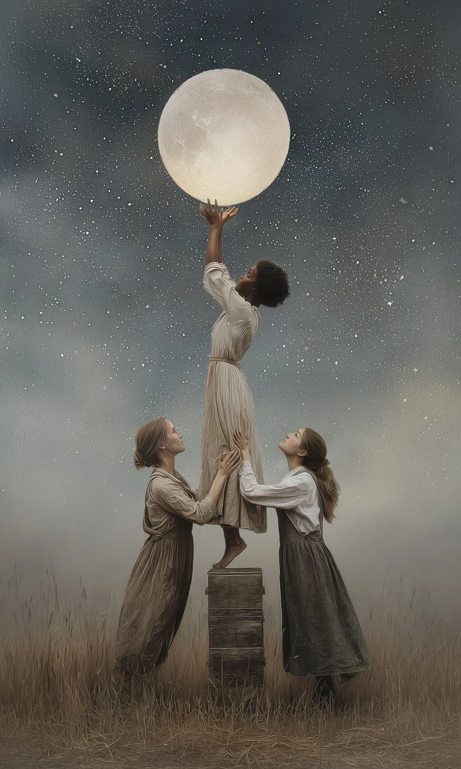 Three women, two standing and one standing on a box, reach up towards a large glowing moon in a starry sky. The women are dressed in vintage-style clothing and are standing in a field of tall grass.