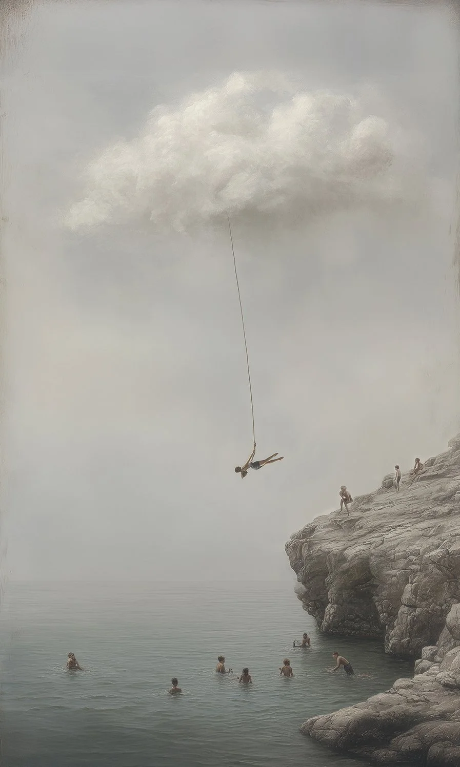 A surreal painting of a coastal scene with children swimming in the water, a rocky cliff on the right side, and a child floating with a rope attached to a cloud in the sky.