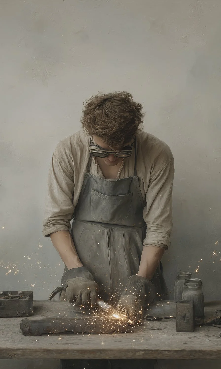 A person with curly hair wearing glasses, a beige shirt, and a gray apron is welding metal on a wooden surface, with sparks flying around.